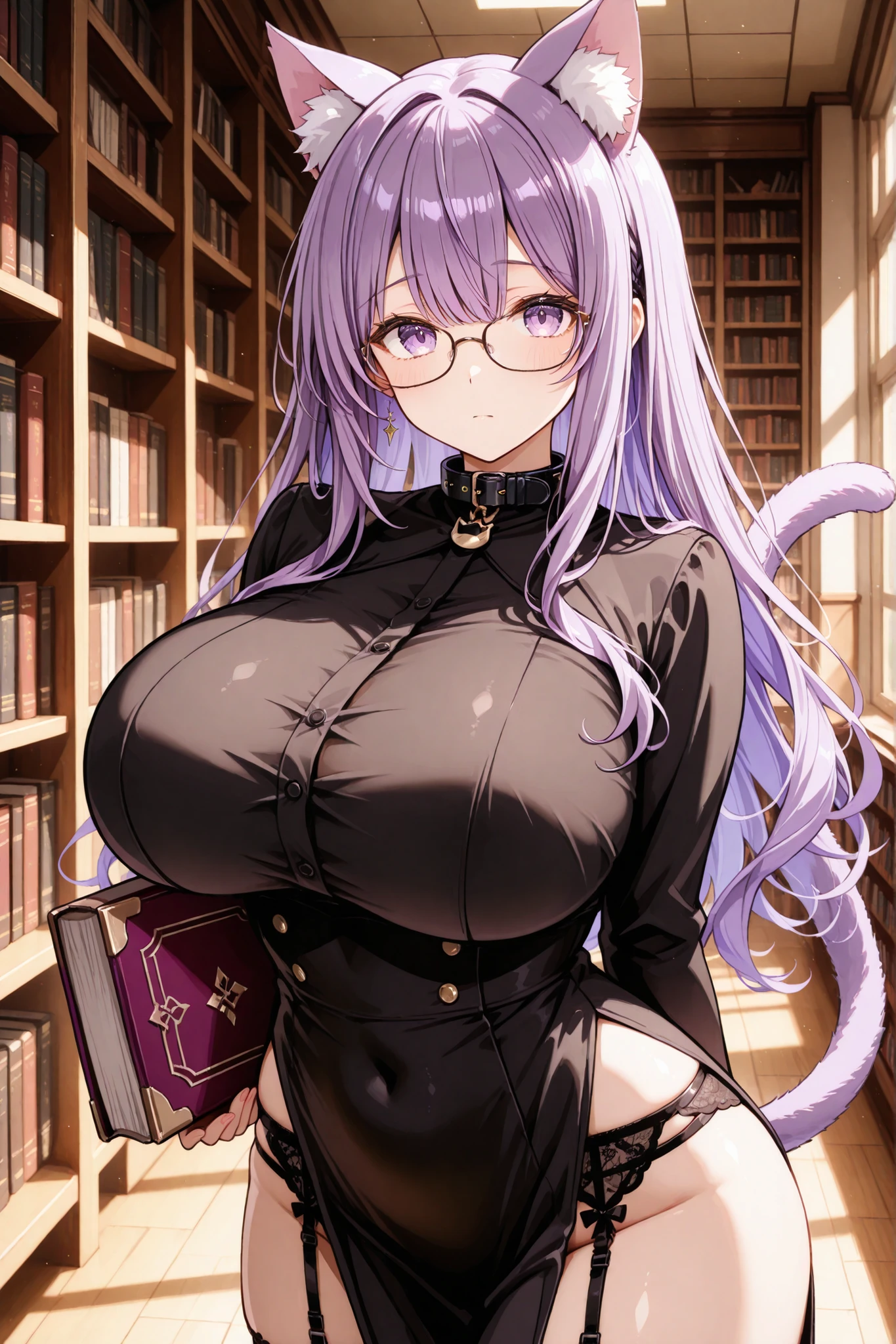 1girl, dress, (purple hair, purple eyes:1), long hair, mob cap, crescent hat ornament, ribbon, dress, smile, massive breasts, chubby, in a library