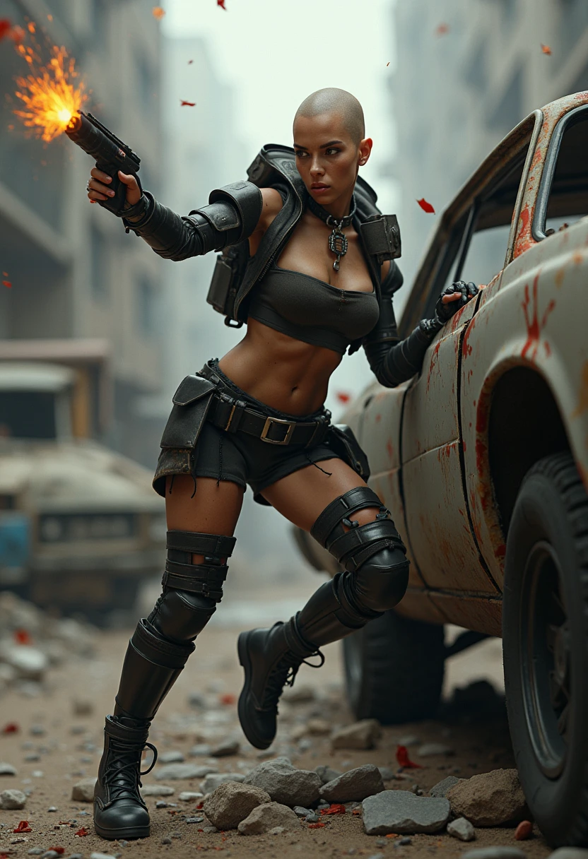 Heavy metal School Girl, post-apocalyptic city, insanely detailed real shiny skin, masterpiece body quality, real color, erotic and sensual, d cup, big chest, sunglasses, 8k resolution🔥, cinematic by zack snider, studio photo
