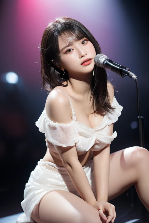 (masterpiece:1.3), high resolution, ultra detailed, extremely detailed CG unity 8k wallpaper, realistic, photo-realistic, RAW photo, beautiful detailed face, pale skin, realistic glistening skin, detailed cloth texture, detailed hair texture, Perfect body, Beautiful Face, accurate, Anatomically correct, Highly detailed face and skin texture, natural neck length, (beautiful hands), (fair skin:1.1), (well-aligned teeth:1.1), (Sweaty skin:1.2),
BREAK,
Detailed eyes, symmetric eyes, Light Brown eyes, Double eyelids, Thin eyebrows, (Glossy lips:1.4), ((A face with waiting for a kiss:1.2)), (blush:1.1), (A sparkling small hair accessory:1.1), (beautiful smile:1.1), (having microphone:1.3),
BREAK,
(A classy and Cute idol:1.3), (nude, nsfw, nipple, belly button:1.4),
BREAK,
medium large breasts, slender figure, firm abs,
((random hairstyle, black hair, bangs:1.2)), (upper body shot:1.3), (looking at viewer), From above,
BREAK,
(singing on stage:1.3),