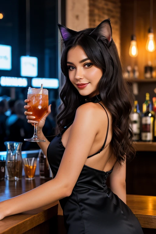 ((masterpiece)), (highest quality), 23 years old,Very detailed, finely, (High resolution), (8k), ((Perfect front viewcomposition)), (Natural color lip),(Side Ponytail:1.3),(((Sit facing forward at the bar))), Look at me and smile))),((Aqua blue silk short dress)),((From the whole body to the toes:1.3)),((Perfect front view)),((sitting on a bar stool)),((Model pose)),,((Big ribbon on thigh)),((Normal size buttocks)),,((Full and firm breasts)),(Look at me and smile),((Ample breasts))
