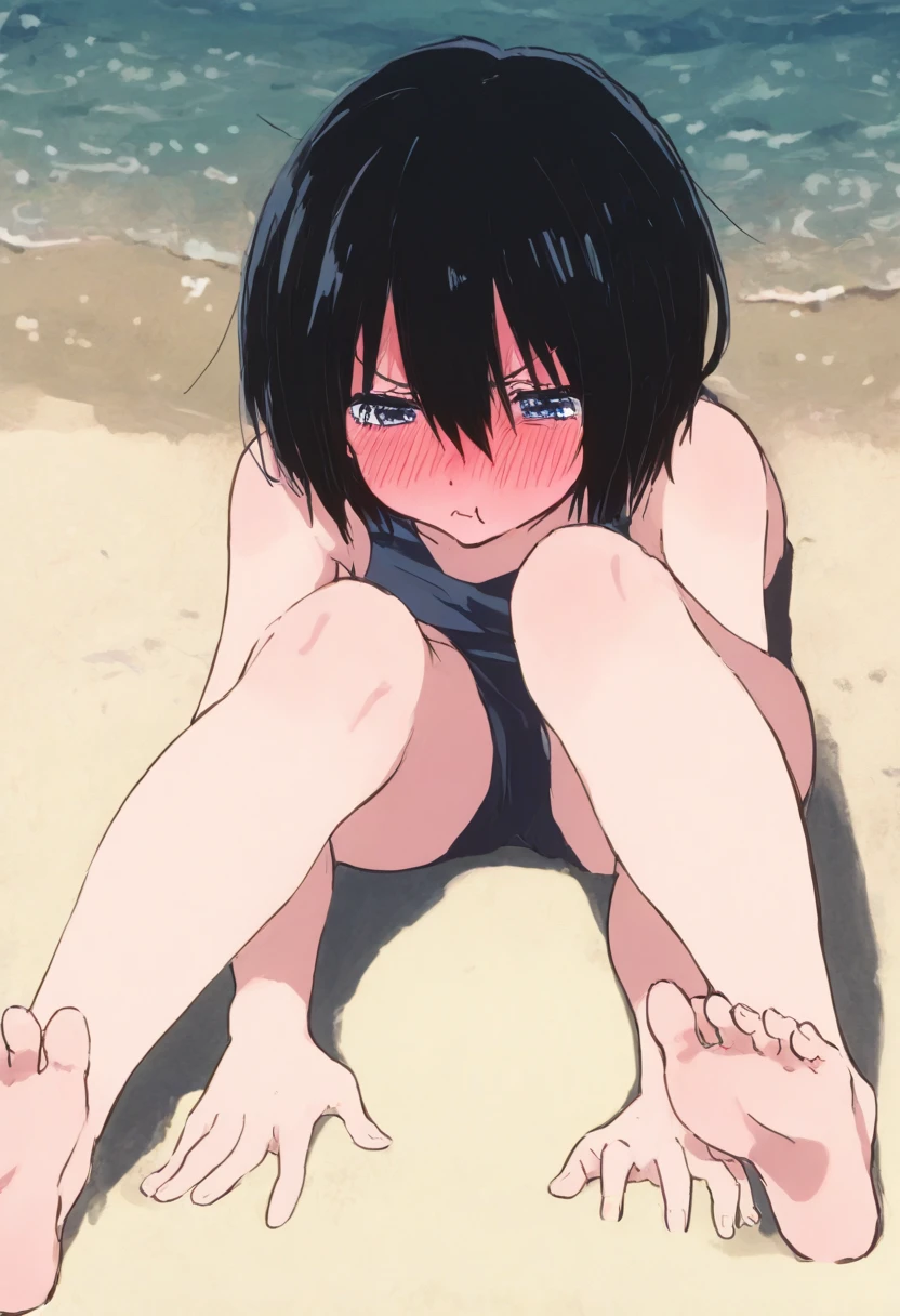 anime style, best possible quality,
beach, morning, sunny day, sand and waves in the sea, rocks with crabs,
naked thin Japanese woman, black hair, perfect body, small breasts and well-defined nipples,
She is in a doggystyle position, arms extended on the floor, head on the floor, bare butt sticking up, knees bent on the floor, legs open showing her anus and also her vagina, very detailed, sensual look