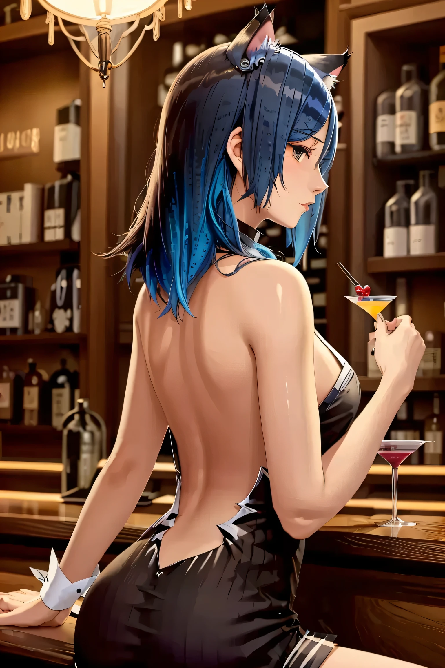A female bartender with cat ears. Medium-length sky blue hair. Wearing a black bartender costume. She makes cocktails and serves them to customers. There are countless bottles of alcohol lined up on the back bar. The dim but soft light fills the store.