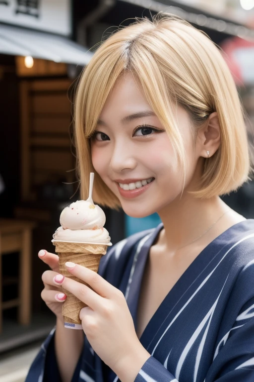 Attractive girl eating soft serve ice cream very seductively, View your viewers, Put your mouth to the soft serve ice cream,  (Highest quality, High resolution, Realistic, born, 8k,masterpiece, ),(Audience-friendly)、Highest quality, masterpiece8k.High resolution. High resolutionabsurdres:1.2, Film Grain, Blurry bokeh:1.2, Lens flare, (Bright colors:1.2), (delicate), (Sensual)、Japanese、blonde、short hair、Black choker