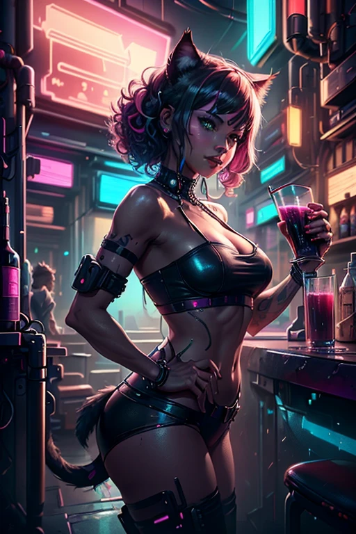 "((masterpiece)),sexy woman,drinking beer at bar,(bioluminescence+neon),8k"