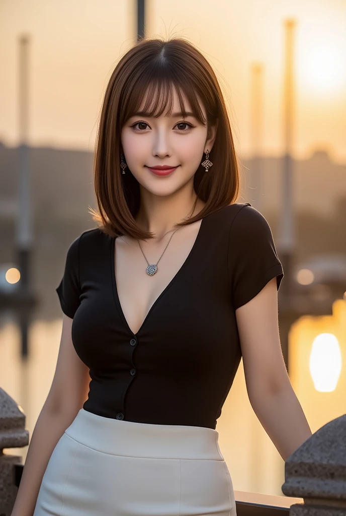 (Realistic: 1.4), (highest quality: 1.4), Ultra-high resolution, (fine grain),Full Body Shot,((Pose for gravure photography)),1. High school girl、Curly Hair、Curly Hair、(Straight bangs)、,1 girl, Tokyo, night, Cityscape, City lights, Black camisole,Black pleated skirt, smile, (8k, RAW Photos, highest quality, masterpiece: 1.2), (Genuine, photoGenuine: 1.37),smile,Idol,