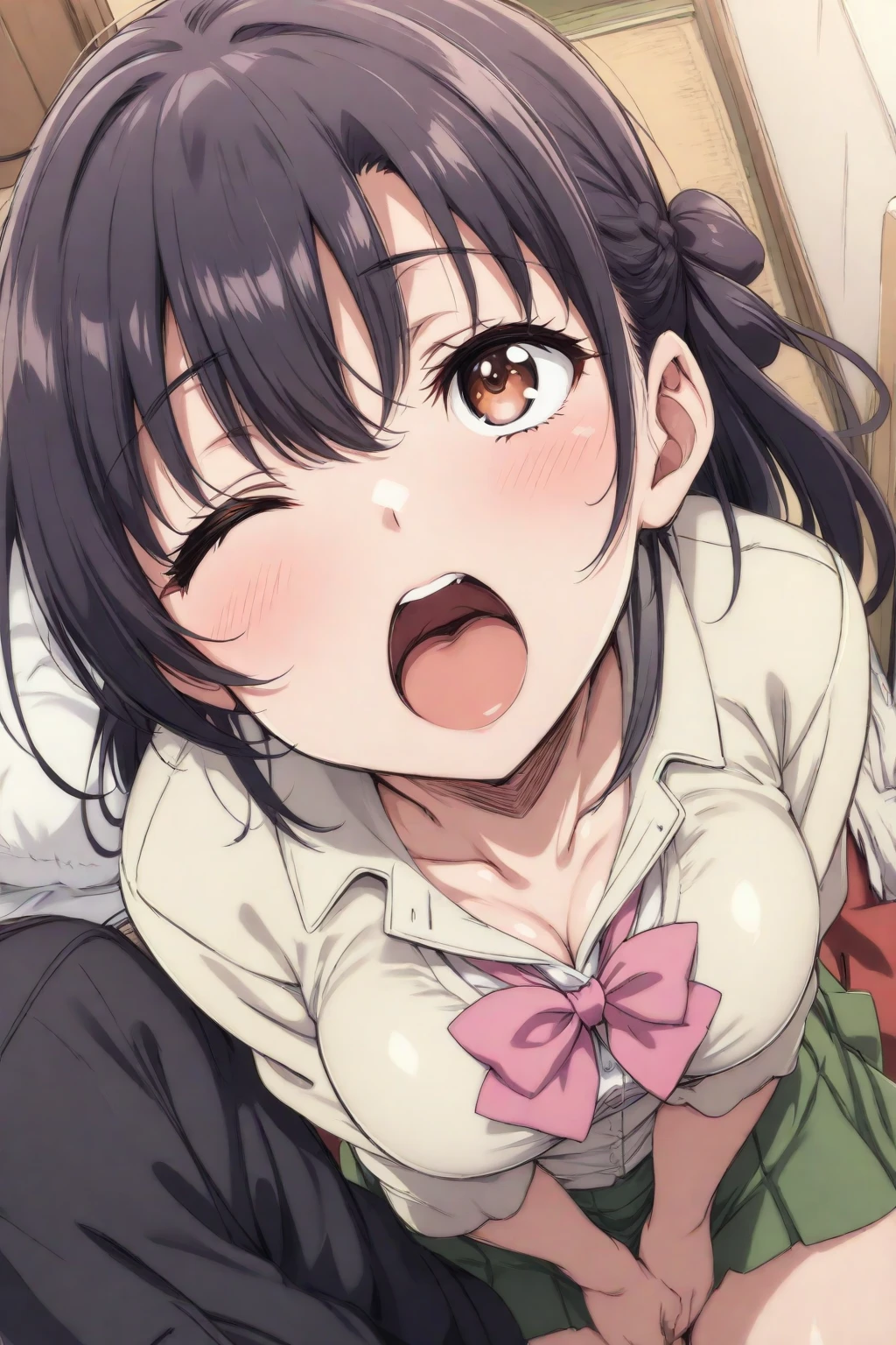 1girl, solo, close-up,
bbkurumi, long hair, low twintails, hair over one eye, , blazer, black jacket, pleated skirt, blue skirt, black pantyhose,
open mouth, mouth open wide, mouth open big, wide_mouth, tongue out, saying ahhhh, closed eyes,, weird atmosphere, (best quality:1.1), (masterpiece:1.2), high quality shadow, beautiful detailed, (high detailed skin, skin details), (wide_landscape, 8k), beautiful face, detailed eyes, depth of field, dramatic light, best quality, highres, best shadow, best illumination,