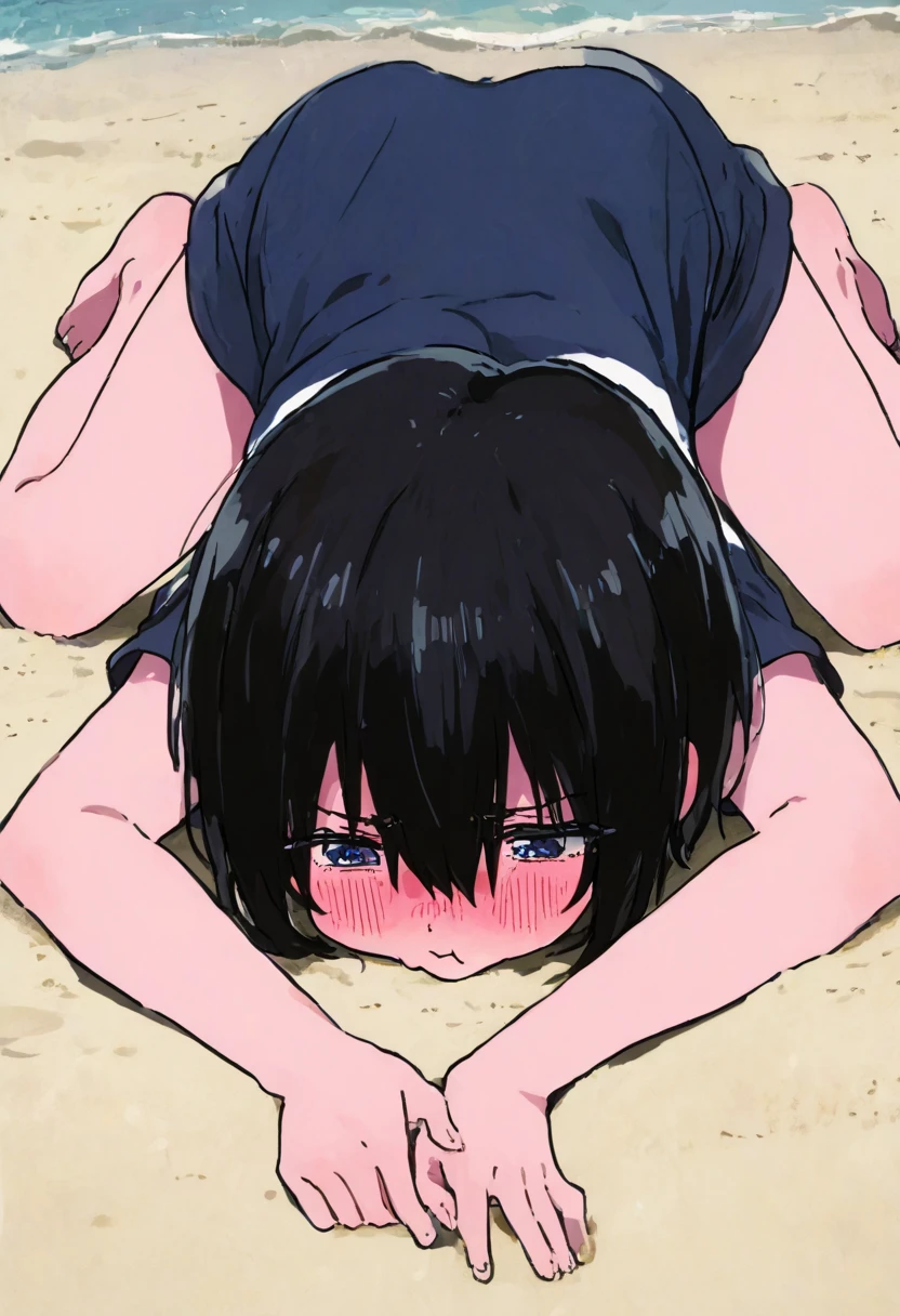 Nsfw, NUDE,Crotch-wrapped beach ball、 Black Hair、Bob、Little Boy、Embarrassed face