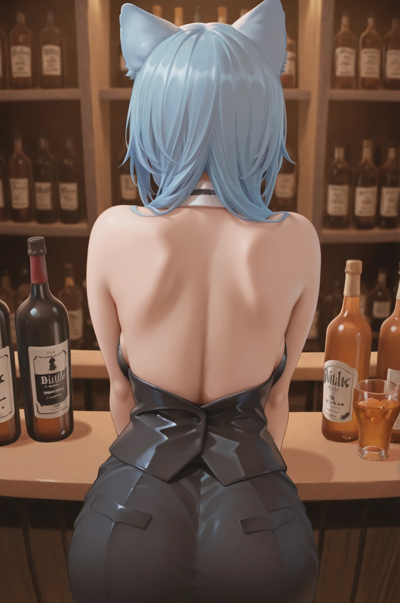 A female bartender with cat ears. Medium-length sky blue hair. Wearing a black bartender costume. She makes cocktails and serves them to customers. There are countless bottles of alcohol lined up on the back bar. The dim but soft light fills the store.
