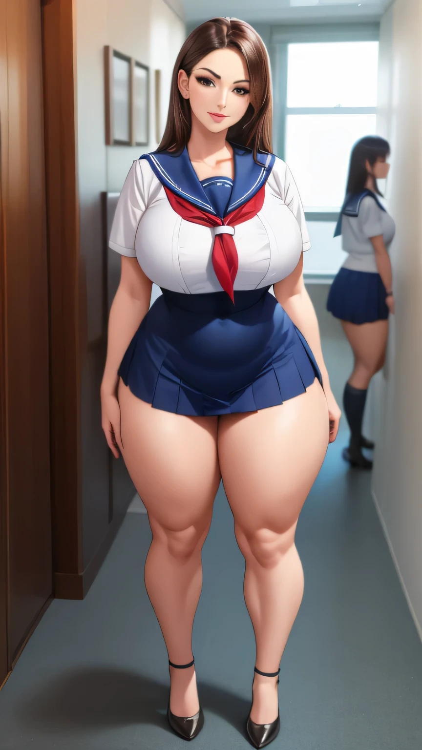 huge breasts, big hips,full body shot, mature mother, Whip whip lower body, plump thighs, plump calves, bewitching mature woman, Perfect body, plus size model,high school girl,sailor suit, skirt is short,Mature woman wearing sailor suit,