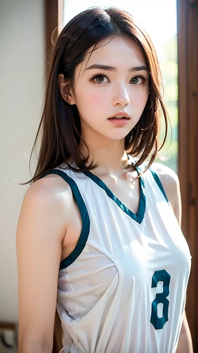 Top image quality、8K、masterpiece:1.3))、Realistic high-quality photos、top-quality、girl cute-fine face、13 years old beautiful Japan girl、Photo of slim little girl model、Beautiful girl model、young japanese girl、Young cute face、japanaese girl、13-year-old female model、Beautiful Model Girl、The innocent look of the girl next door、lovely delicate face、Brown hair、Beautiful brown eyes、Tear bag、drooing eyes、young body、Volleyball Court, Volleyball uniform, Sleeveless, erectile nipple, Navel Ejection, Cameltoe,
