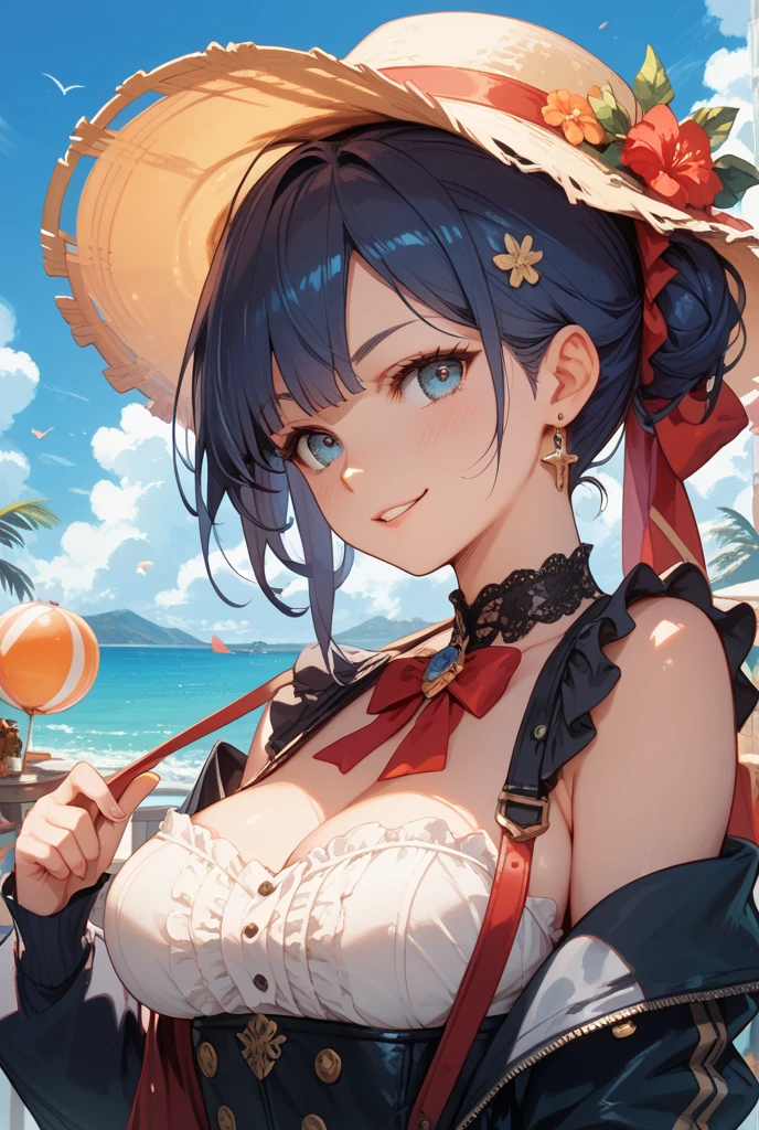 Highres, masterpiece, beach, bikini, 1 girl, cute, 18 yo, blue hair, blue eye, big breast, holding a glass of water, little smile, body quality, cloudy, sun in the sky