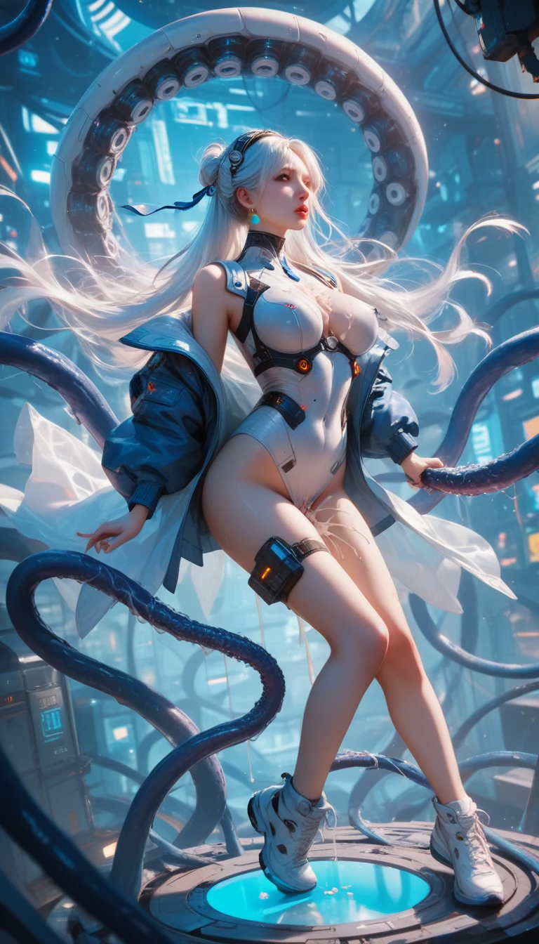 1 girl in a silver sexy exploration bikini, gorgeous woman, beautiful detailed eyes, beautiful detailed lips, extremely detailed eyes and face, long eyelashes, tentacle vines, enormous man eating maw, alien landscape, man-eating plants, 50s sci-fi, cinematic lighting, dark moody atmosphere, vivid colors, photorealistic, highly detailed, 8k, best quality, masterpiece (show her entire body, show all of her, full body shown)