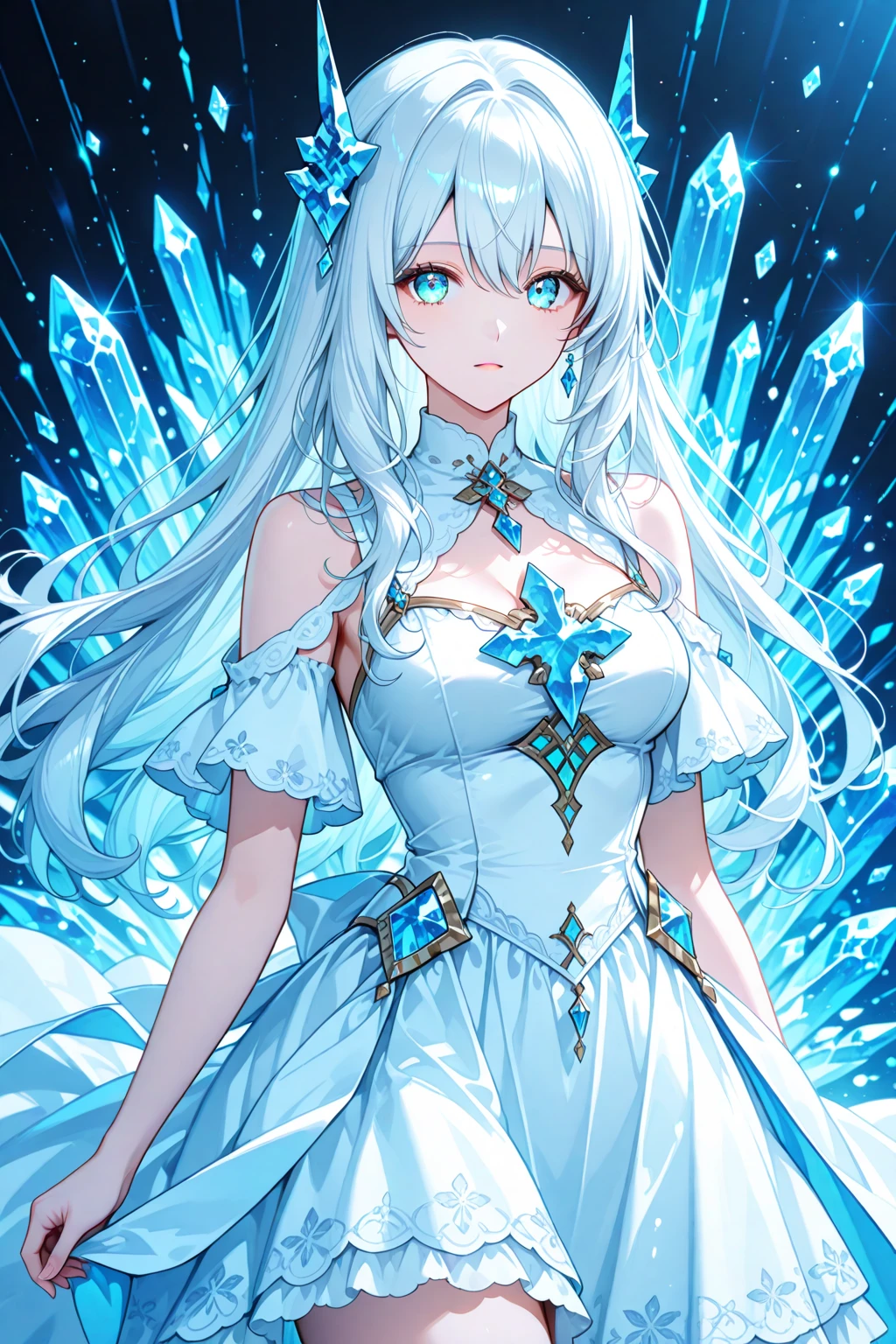 a cartoon image of a woman in a long dress, concept art by Ken Sugimori, tumblr, hurufiyya, vivy, she has pale blue skin!!!, misty, water type, ice sorceress, a glaceon ice princess, aquamarine, a friendly wisp, shiny!!, spirited, ori, official art, cerulean