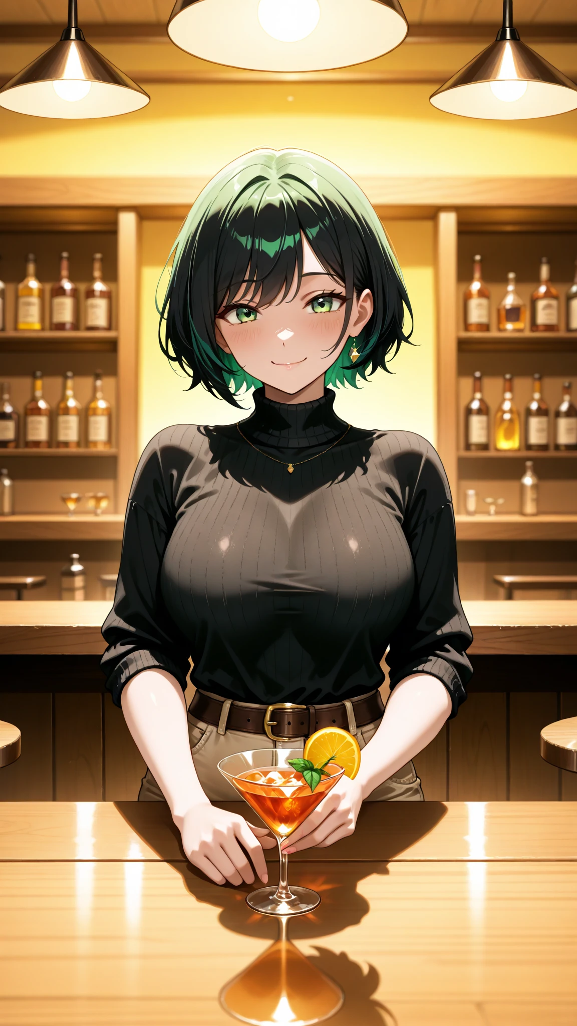 upperbody closeup,sportrait,With sunglasses,little breast,Fashionab,Handsome,15 year old woman,cleavage,Green short bob hair,Off-the-shoulder attire,Blackn clothes,Cafe