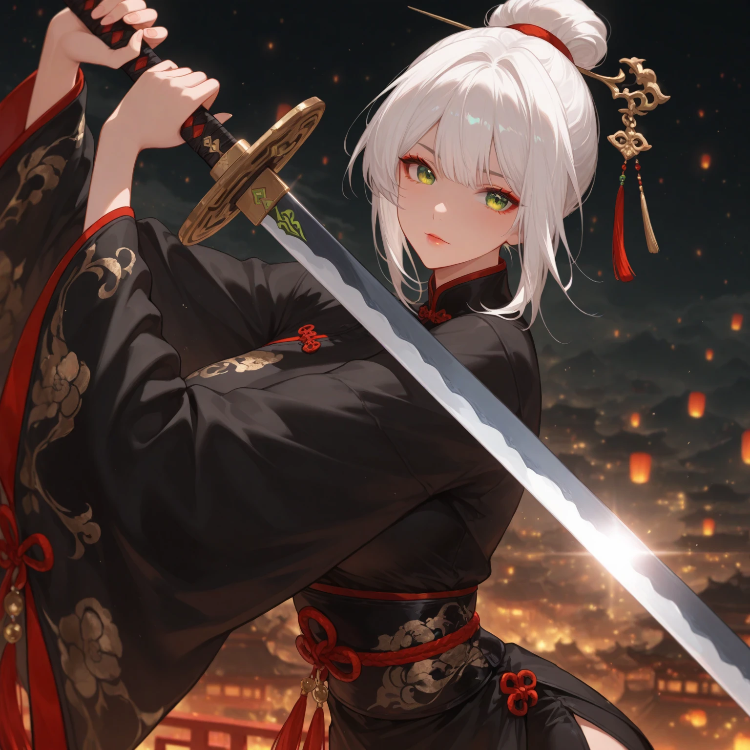 (hero neisan art style:0.7), (harayutaka art style:0.7), score_9, score_8_up, score_7_up, score_6_up, uncensored, kirari, braid, makeup, twin braids, blunt bangs, aqua nails, aqua eyes, blue lips, hair ribbon, grey hair, nail polish, BREAK (masterpiece:1.2), best quality, high resolution, (detailed eyes:1.3), perfect lighting, (perfect hands, perfect anatomy), large breasts, night, sword, 1girl, katana, night_sky, solo, japanese_clothes, sky, cleavage, wide_sleeves, sheath, earrings, star_(sky), over_shoulder, looking_at_viewer, detached_sleeves, moonlight, outdoors, shaded face, looking down, expressionless, lips, torn clothes, burn scar, glowing sword, bokeh, shimmering light, sparkle,