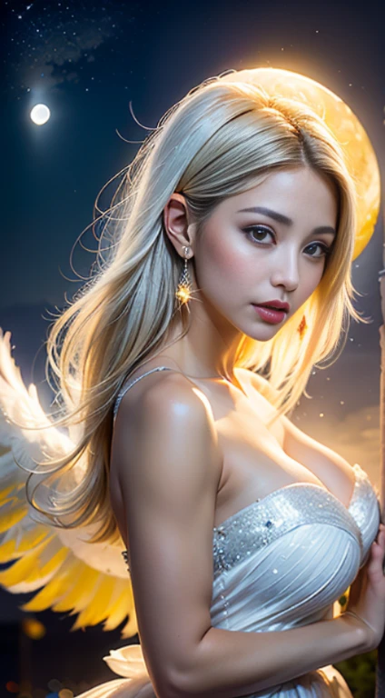 Ultra-detailed complex 3D rendering of the face, (Colossal: 8.8), (masterpiece, top quality, octane rendering, 8K), glamour shot full body image, cleavage, (highly detailed skin: 1.2), (exposure: 1.1), (blonde), (wearing a plummet tank top of gold silk: 1.5)), blonde hair, beautiful Caucasian woman with full soft breasts and white skin, one with big ass, long braided hair, big breasts, dynamic angle, mystical expression, ultra-realistic photography, (((((portrait))), bare feet, futuristic city background, facial muscles, detailed and beautiful queen tiara, in the style of Marvel Comics, clear focus, studio photography, intricate details, highly detailed, detailed yellow eyes, sharp focus, digital rendering, professional, abs, ((sexy pose))), natural jungle, open mouth lightly, mansuji, crotch open, seductive look, angel ring, detailed angel wings, angel ring, detailed and beautiful mouth, detailed jewelry necklace, perfect body beauty: 1.4, glowing light particles, very ridiculous, ridiculous, ass, beautiful legs, armpits, ((armpits))