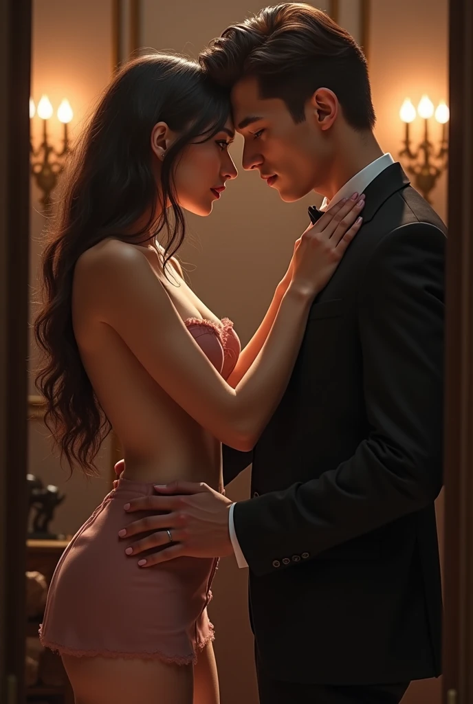 Boy and woman, beautiful woman, kissing each other with passion, in a bedroom, bright room, candles lit, night time,