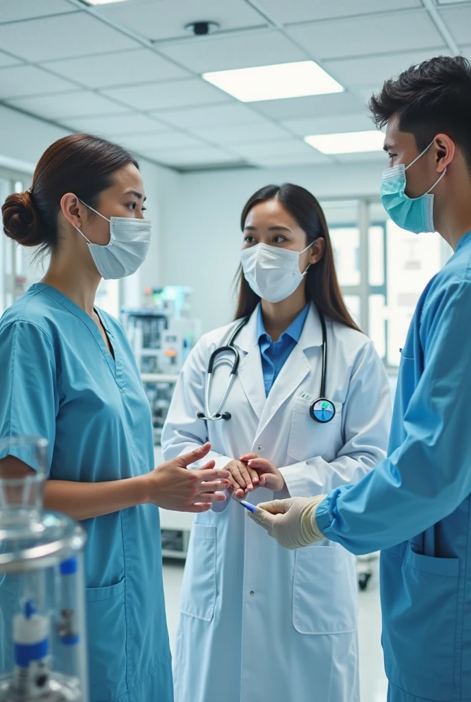 Male dentist and female dental hygienist 2people A good business partner No mask 日本people系 Wearing a lab coat Wearing medical scrubs Upper body close-up high resolution high resolution highest quality