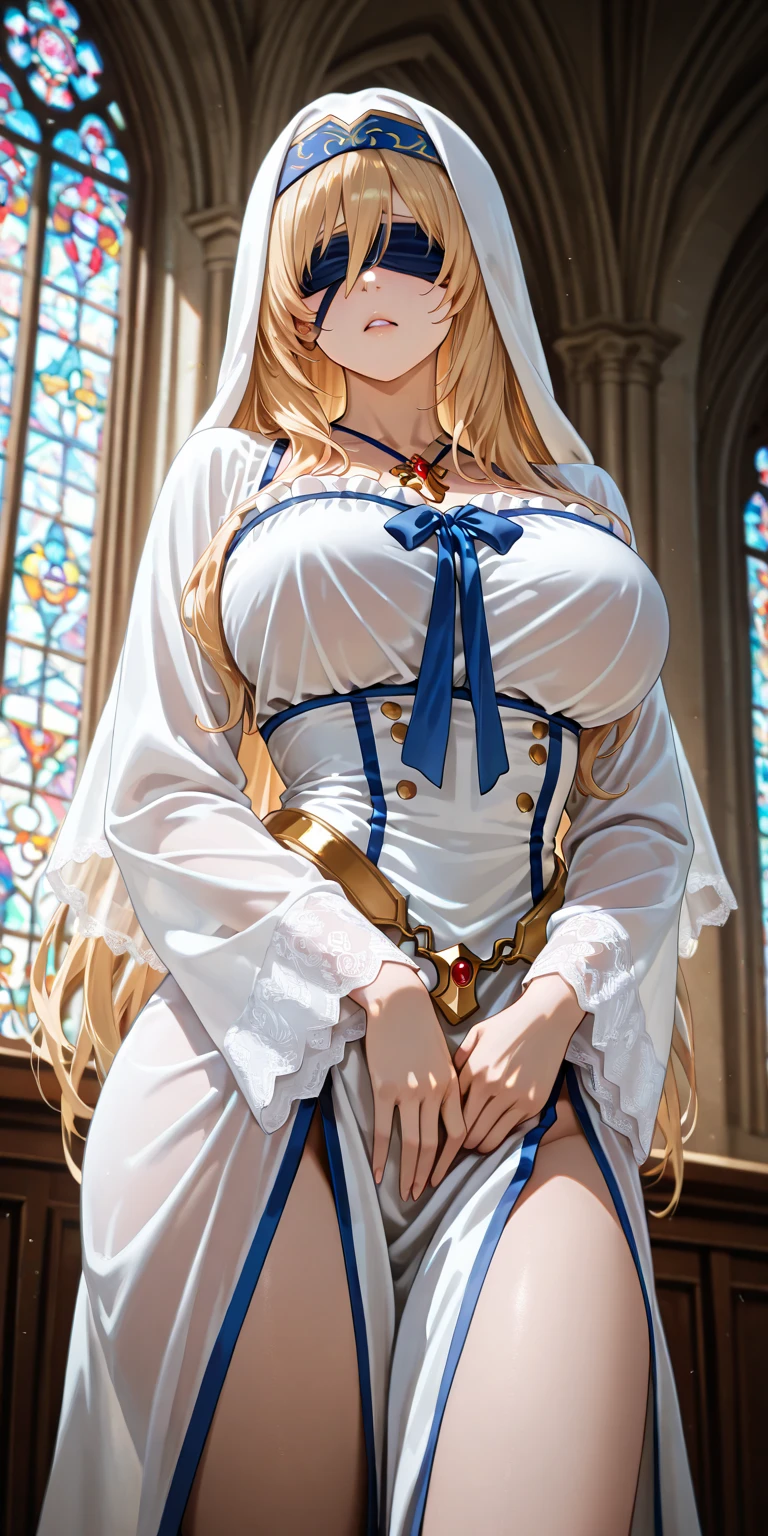galko,1girl, solo, smile, full body, standing, long skirt, priestess, religious, holy, cute, blush, ,tall female, medieval clothing, white veil, tunic, long skirt,boots, huge brest, curvy,sexy, sensual, volouptouse, thicc, , jade green eyes