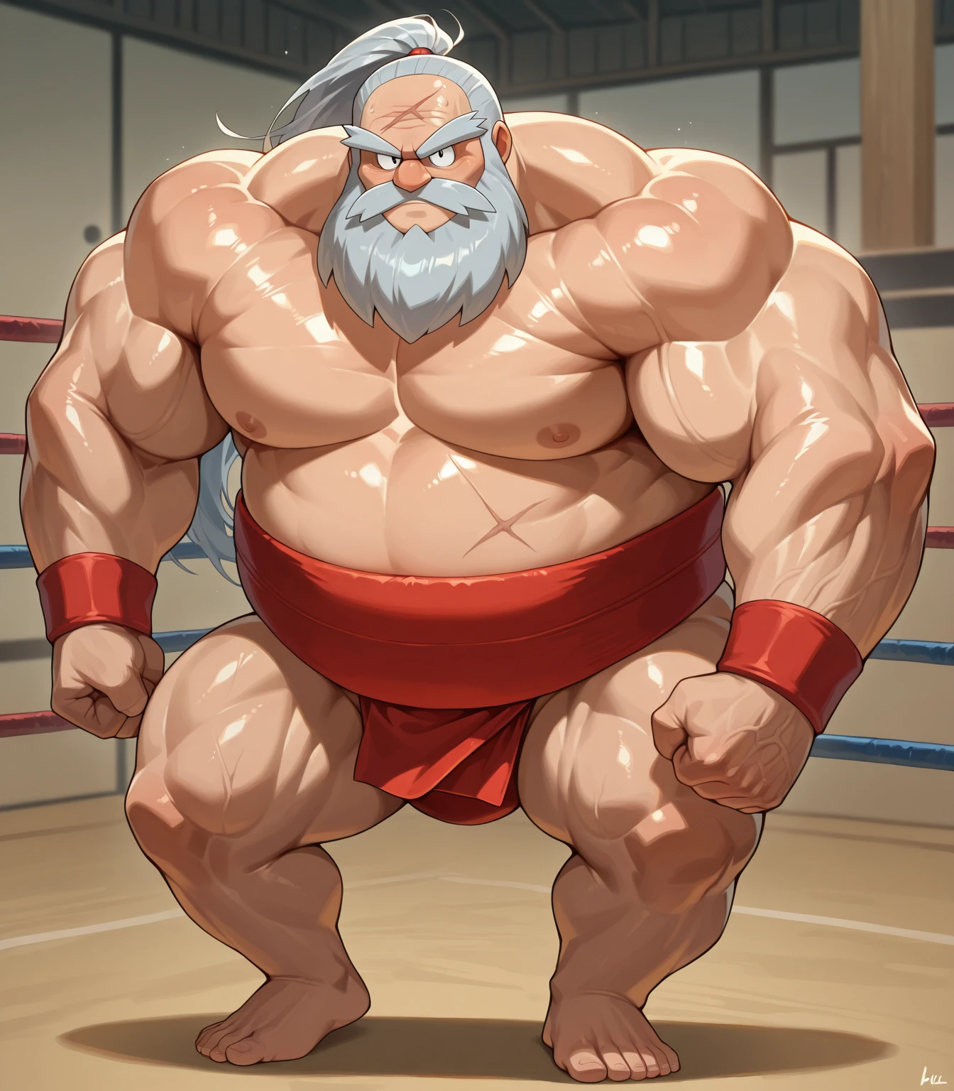 A huge muscular old man, muscular arms, muscular legs, tall and imposing stature, wearing thong, large bulge, large belly, hairy chest, white beard with a happy expression on his face. accepting gifts of worship, strong jawline, thick eyebrows, The lighting is dramatic, casting bold shadows and highlighting the contours of his muscles. Standing in the sea with a congregation, a god being being worshipped by men, priests giving offerings of flowers, The image quality is of the best quality, with high resolution and ultra-detailed features, reverent worship of a god