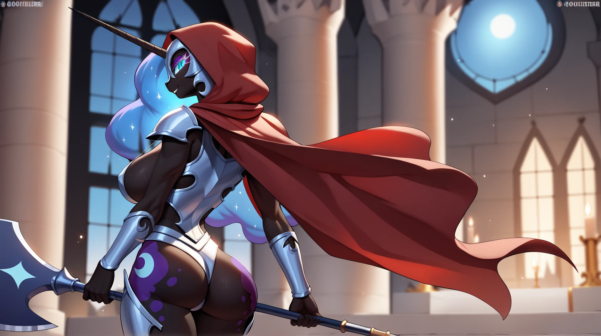 Robot girl, hips, wearing a hood with a cape, perched on a rock, shoreline, beautiful thighs, curvaceous butt, captivating legs, cool robotic mask, super tall, one person, ass support, holding staff, vibrant lighting, ((fart,farts,farting))