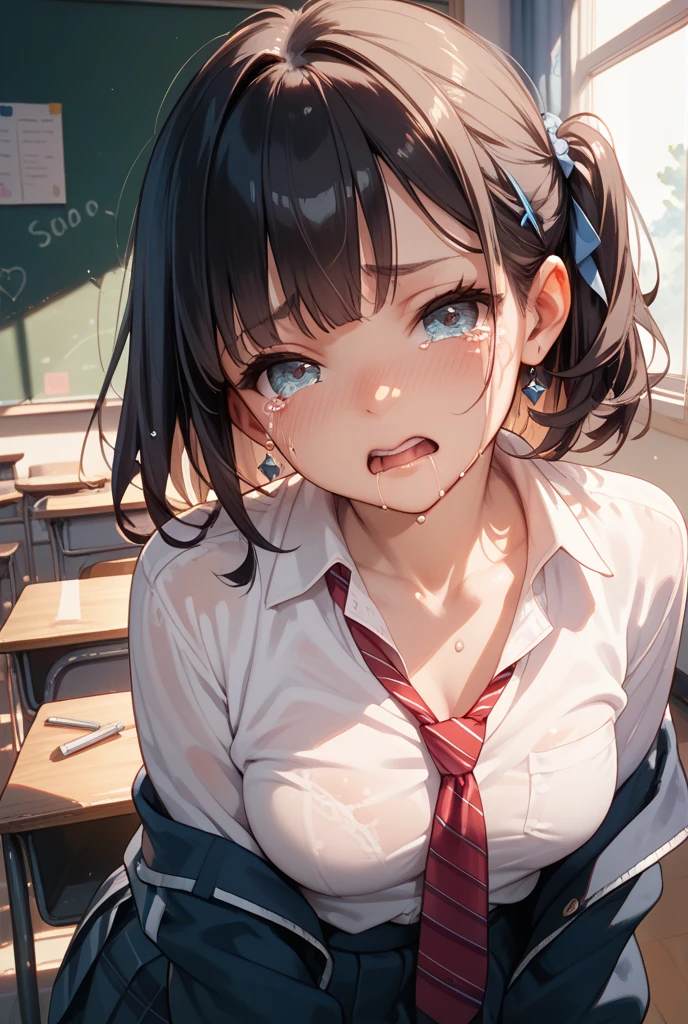 (Photorealistic:1.9), (masterpiece、Highly detailed 8K CG、Sharp lines:1.2)、hi-school girl、A dark-haired、(White panties:1.2)、thighs thighs thighs thighs、Beautiful anime schoolgirl、Smooth Anime CG Art、Beautiful anime schoolgirl、Beautiful anime girl, 19-year-old beautiful girl, Detailed skin, gleaming skin、short-hair、Beautiful black hair、blue Eye、(many streaming sweat:1.6), smile:, (flat chest:1.5), (Muscular thighs:1.2), (gaunt:1.6), (student clothes:1.2), (a sailor suit:1.2), (Dark blue pleated skirt:1.2), (full body:1.2), wet, solo, (one girl:1.4), Sitting, from front , (from below:1.3), Inside the classroom, blush, (anguish:1.2), spread legs, open mouth, (Drooling down to the chin:1.5),