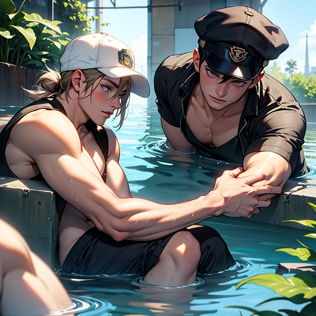 A muscular middle-aged male stephen ameii，vast pecs，Huge crotch bulge，Broad shoulders，Naked upper body，Suspenders，frock，Martin boots，Indecent expressions，（lying on floor：1.5），（Repair water pipes：1.3），（Get wet all over your body：1.3），Shoot from top to bottom，facing to audience，outstanding，High picture quality，high detal，Bottom saturation，systemic，wide angles