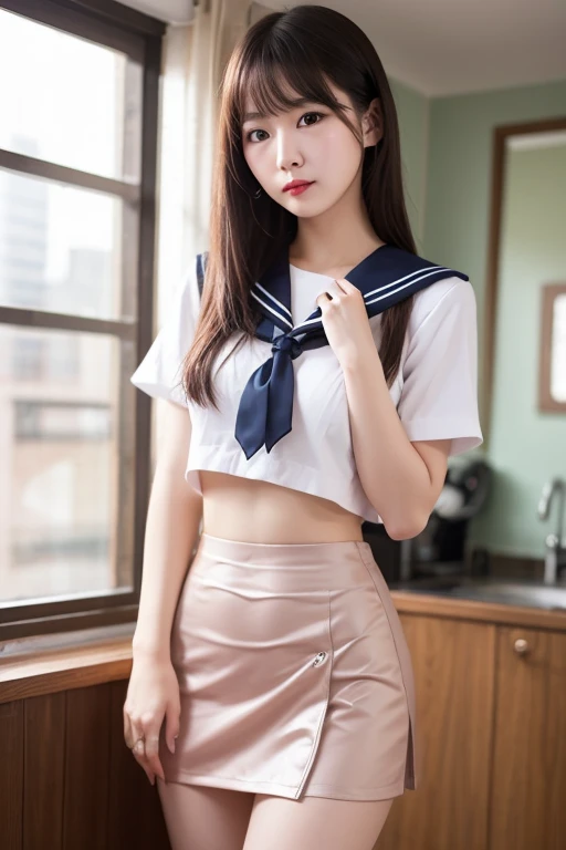 (highest quality、4k、8K、High resolution、masterpiece: 1.2)、Super detailed、(genuine、photogenuineistic、photogenuineistic: 1.37)、beautiful japanese girl、alone、(((15 years old)))、((white panties))、((床にしゃがみ込み足を大きく広げてwhite pantiesを露出させます:1.5))、(From the bottom front:1.4)、(short sleeve sailor suit) 、(With your right hand, grab the hem of your skirt and lift it up to reveal your panties.)、(Body fluids drip from the crack in her crotch)、(Shame and excitement)、twin tails、inside the classroom、tanakahitomi