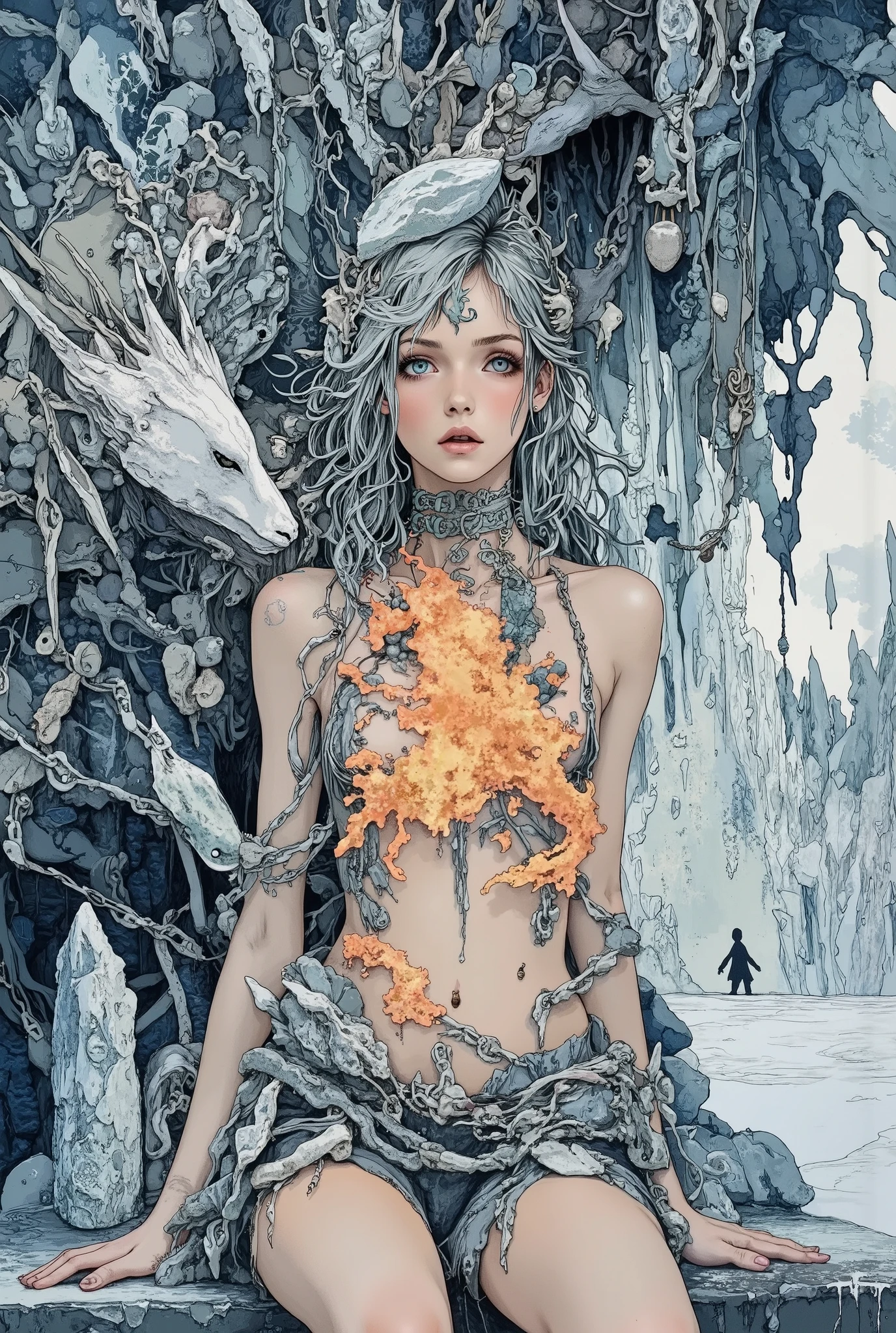 fictionalcasca, create an epic scene in the style of dark fantasy-Gothic surrealism: Young rebel Pandora, chained in crystal chains (crystal captivity), stands on the edge of an icy cliff (half a kingdom of ice). Flames pierce her chest (fire in my chest), illuminating the poisoned arrows (poisoned arrows with poison) clutched in her hand. A maze of black ice looms behind her (our maze), where animals with diamond skins slumber (diamond dogs sleep), and under her feet dragons merge with the shadows of dust and decay. Her gaze, the gaze of a naiad filled with rage and the poison of hope, is fixed on the silver bullets hanging in the air, symbols of the doomed enchantments (which could not break the enchantment). Above her: the torn sky, revealing a sad dream about the constellations crumbling to dust (one day they will turn to dust). Dynamic: Her hair merges with the blizzard, an arrow is ready to release her rebellious spirit from the shackles of sleep. In the distance, the silhouette of her fiance disintegrates into silver bullets and ice fragments (no news). Style: a dark fairy tale with contrasts of glacial blue and hellish crimson flames, super-detailed textures of cracked skin, crystalline reflections and patterns in the form of dragon scales. Resolution: 16 KB, focus on the emotions in her eyes — everything is unchanged, but with a desire to start all over again.