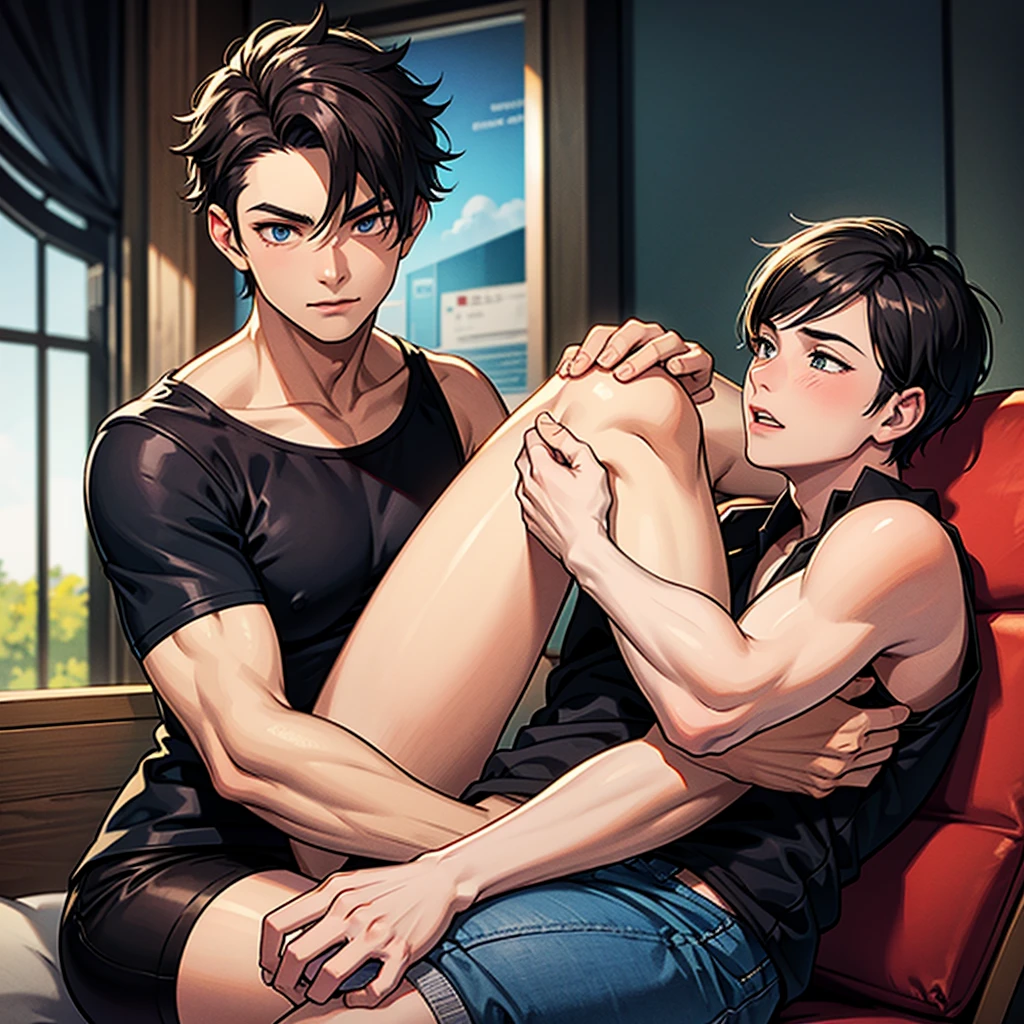 score_9, score_8_up, score_7_up, source_anime, 2boys, dominant white male, male, huge penis, enormous ligh skinned male penis, precum, smug, muscular light skinned male, sexy, nude, sitting on loveseat, indoors, horny, big dick,twink, lean, twink boy, yumejoshi, femporn, amber, genshin impact, jacket, shorts, shota