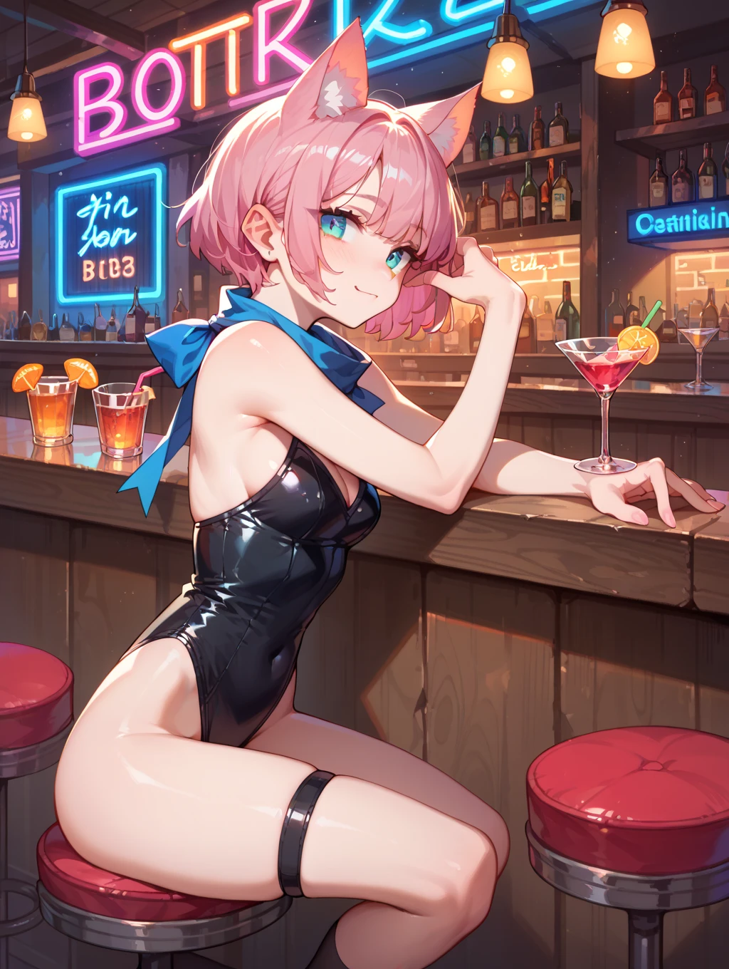 demon girl working at a bar at the beach wearing a bikini