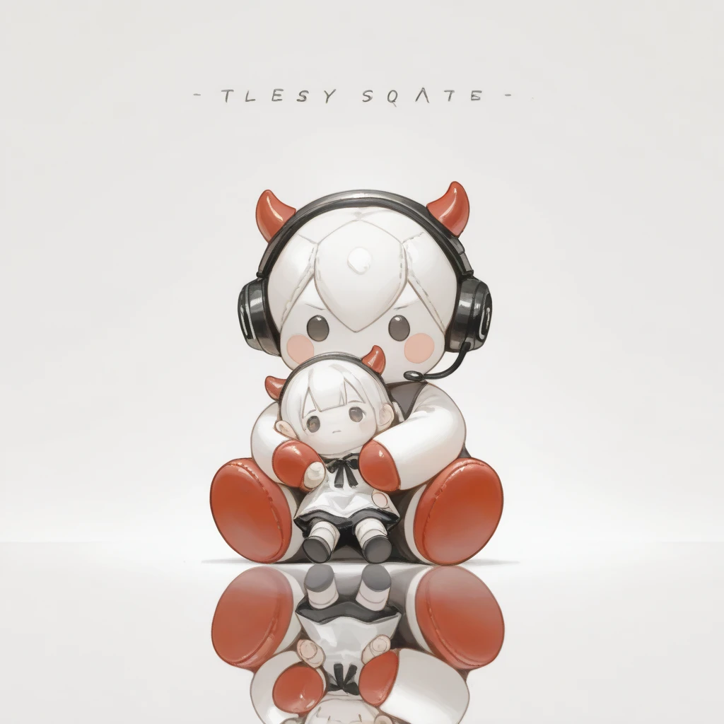 illustration,  design , white background, wonderful,  Trends , Simple, letter x, painting, red cute character, doll with hands and feet, two soft horns with hands and feet, small, small baby horns, Light Reflection , 손발이 있는, holding a cute white doll, listening to music while wearing a black headset, hugging a doll,