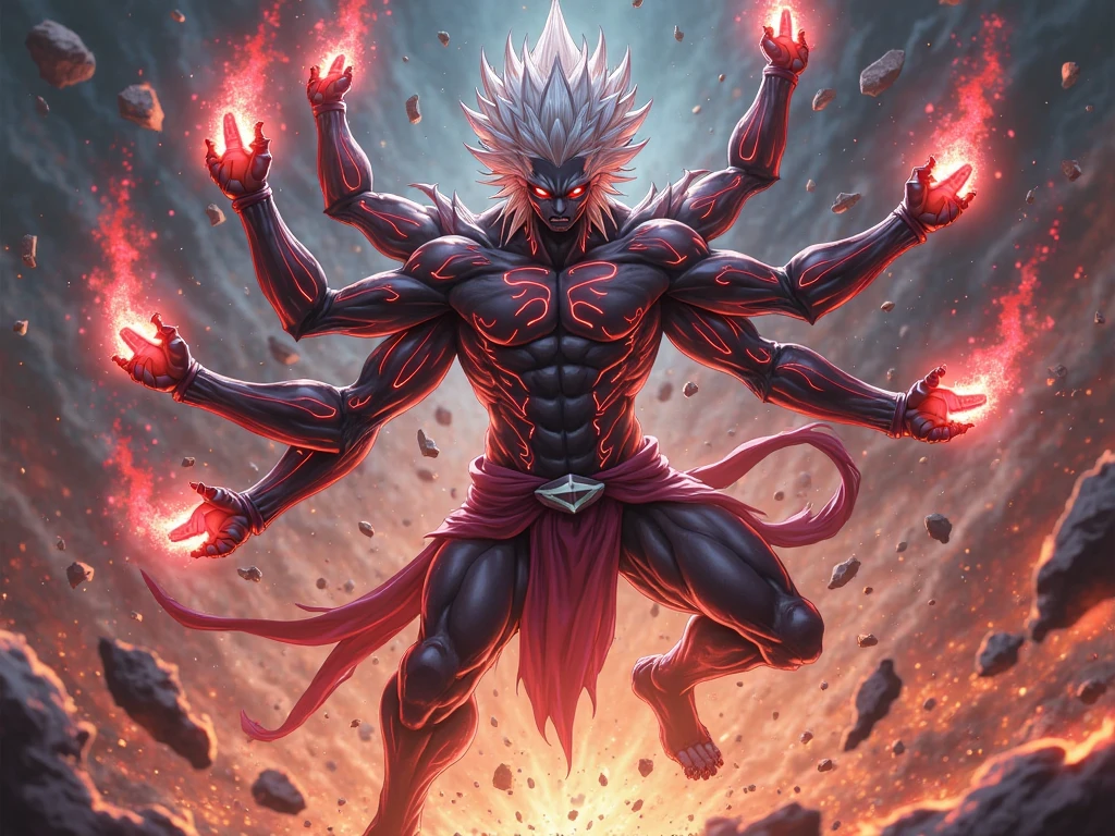 A close-up image of Majin Boo, the antagonist from Dragon Ball Z, showcasing all forms. His menacing grin spreads wide across his face as he looks directly at the viewer. His green skin is textured and highly detailed, with distinct veins running down his arms. His large, muscular build fills the frame, radiating an overwhelming aura of power. The background is blurred out, drawing all attention to the epic figure of Majin Boo. Though his forms vary, one thing remains constant – his violent intensity. His red eyes gleam with malicious intent, and the shadows on his face add depth to his ominous presence. His long, curly hair s