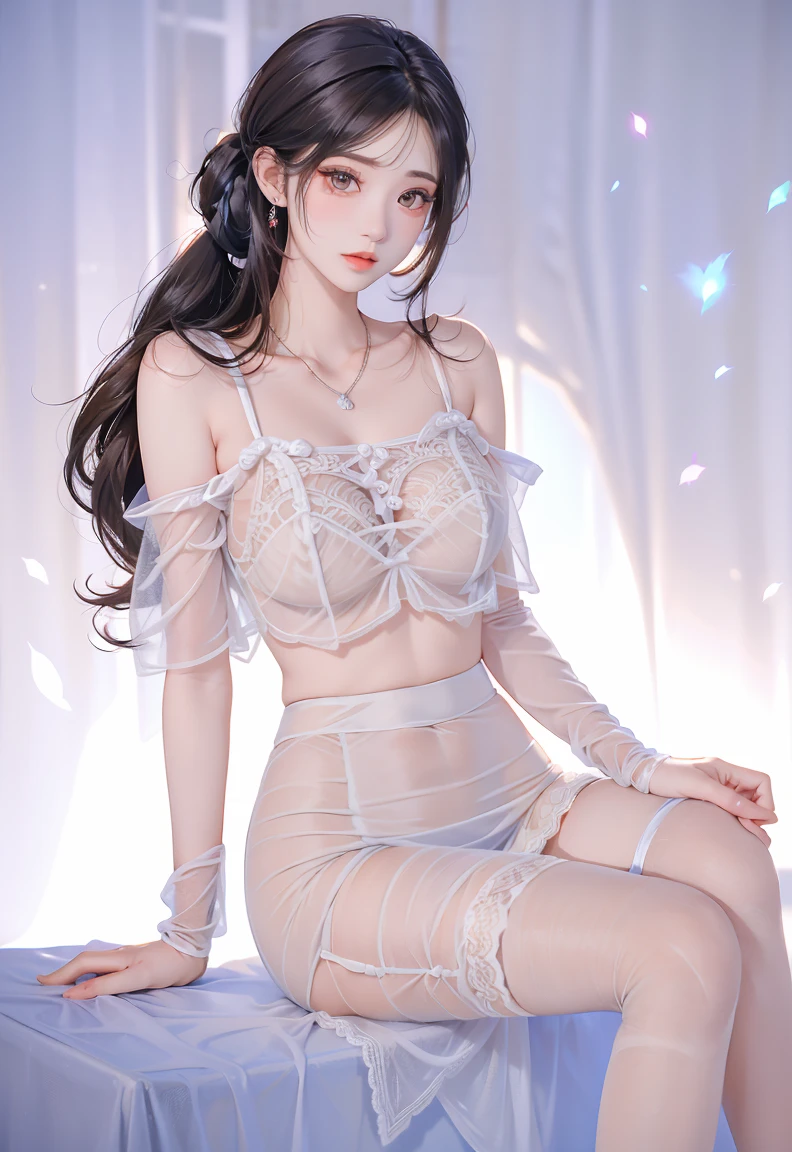 An Asian Chinese female model, Maple leaves background at night, (8K Ultra HD, Digital SLR Camera, Soft Light, high quality, Volumetric Lighting, frank, photo, high resolution, 4K, 8K, Bokeh), (Create stunning images of real girls, warm light, Dynamic poses, Elegant Posture, Cowboy lens, Full body front view, From the front,Be confident, Front of the body facing the camera, Standing posture facing the camera, Open your legs slightly, Golden Ratio Graphics, Minimalism), (Show a charming smile, Willow Leaf Eyebrows, big eyes, Apricot eye prick, Cherry Blossom, Balanced Eyes, Oval face, Pretty Face, Normal facial features, Skin is transparent and visible, Thin skin and tender meat, cosmetic, earrings, bracelet, necklace, Jewelry, veil, Hair accessories), (Brown hair, Wavy curly hairstyle, Waist-length hair, Messy Hairstyle, Gradient hairstyles, Cyberpunk hairstyle), (Transparent clothes:1.5, Blue clothes, Latex clothes,Clear latex tights), (Sexy, Perfect breast shape, Teardrop-shaped chest shape, Snow-white breasts, very detailed breasts, 34E cup), (Super high waist clothes, Waist hollow, Levain), (Black socks, Clear knee-length socks, 吊garter, Leg ring, garter, 腿部garter)