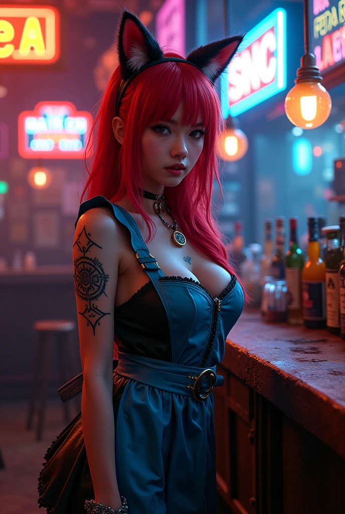 ((Masterpiece, Best Quality, Highest Image Quality, High Resolution, Photorealism, RAW Photos, 8k)), Upper body, A female game character, 3d Graphics, long hair, light blue hair, red silk dress, nightgown, black corset, long sleeves, grunge fashion, gothic choker, elbow gloves, panties, sit with legs spread, in the bar, cyberpunk 2077 background, neon lights, unreal engine