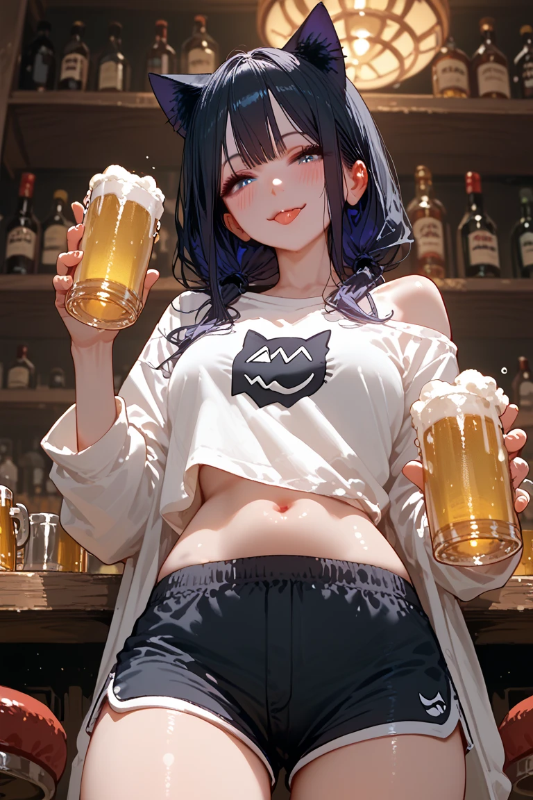 1 woman in the body,Cat ears,smile,Blush,tongue,belly button,holding a beer glass in hand,look at viewer,bar,face focus,white shirts,black short pants,thighs,off shoulder,slender,standing