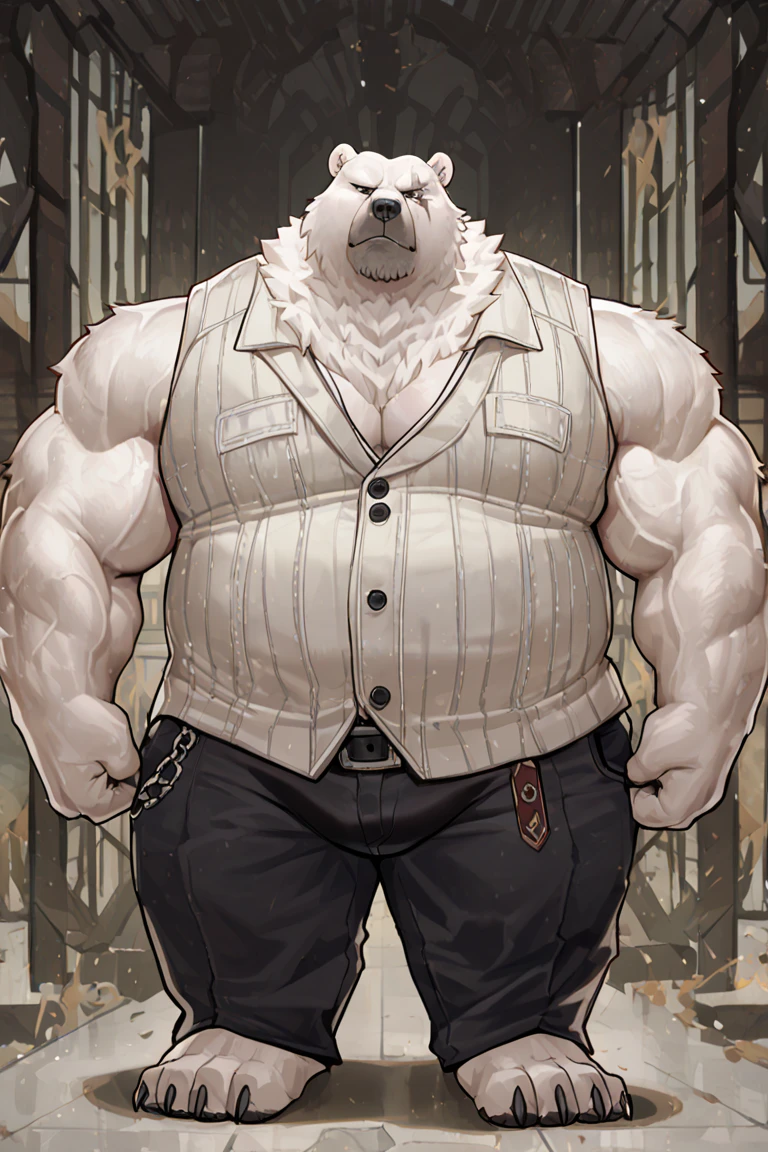 solo, 1boy, Huge Muscular Old Grizzly Bear wearing glasses , pectoral, huge pectoral, wide pectoral, short white hair, short pants, black wristbands, watch and shirtless and topless, bearded, Mustache, simple background, masterpiece, high detailed, 8k, high resolution, at the gym, double biceps arms flex, veins popping