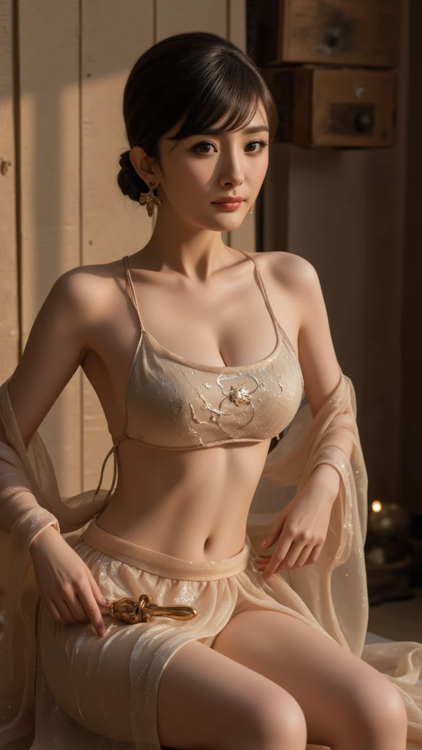 ((masterpiece)), (best quality) Reality ,fantasy, Beautiful woman, good mood, Topless ,Beautiful round breasts, Large Breasts, Brave Cheongsam,Show your neck, Bare shoulders ,Show your belly button,Camel toe exposed, Round buttocks ,big eyes, long, Thick eyelashes, Crimson eyes, , High Ponytail, Intricate designs and patterns in the style of Alphonse Mucha ,Magic card design, Art Nouveau Watercolor Splendor,Retro Decorative Patterns,Dim light background ,
