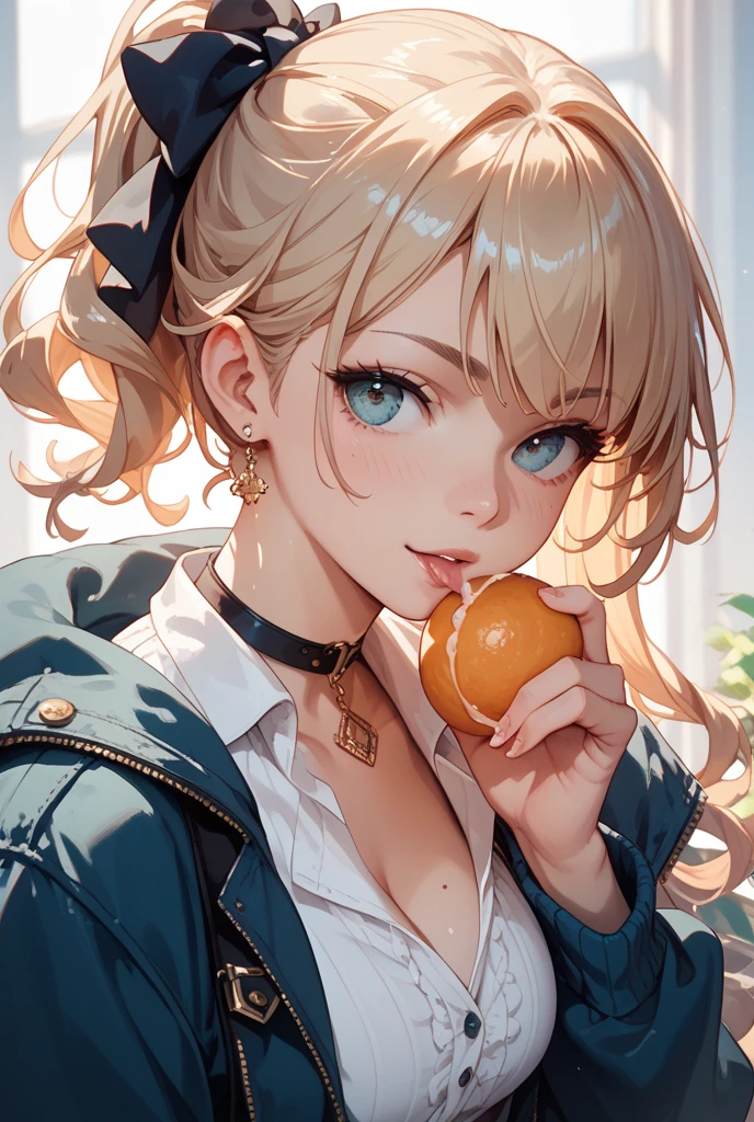 lemon:1.5, Biting into a lemon, Eating lemon, sour face:1.5, kitagawa marin, 1girl, blonde hair, long hair, multicolored hair, red eyes, jewelry, earrings, piercing, black choker, UHD, retina, ccurate, masterpiece, anatomically correct, textured skin, super detail, high details, high quality, best quality, highres, 8k