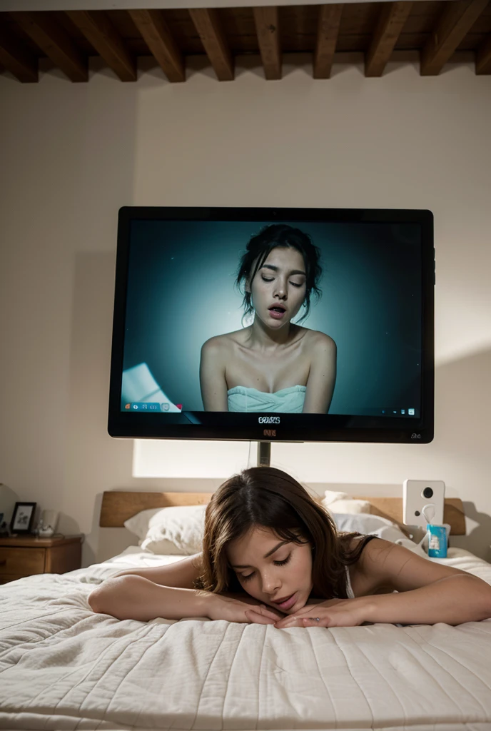 The image shows a girl lying on a bed. She is wearing a white t-shirt and pink shorts. The girl is resting her head on her hands, and her hair is styled in two buns. Her face is obscured, adding an element of mystery to the image. The bed and pillow are blue, and the background is also in deep blue tones, creating a monochromatic color scheme. The floor is made of wood and shares the same blue hue. The atmosphere of the scene is calm and mysterious, with a focus on the girl lying on the bed.The overall design combines creativity and fun, making the house look like a lively, animated character. Create цветной рендеринг zbrush. perfect cgi, cgi art created only with gradients, smooth silhouette, Create ultra sharp skin, high intensity refraction, (plastic material), most beautiful vfx, blue background, plastic refractions, glossy texture, smooth 3d model, multiple light sources, rim light, sharp post effects render, (glossy plastic texture with multiple big light probe refractions), perfect cgi, cgi art created only with gradients, smooth silhouette, high intensity refraction, (plastic material), most beautiful vfx, blue background, plastic refractions