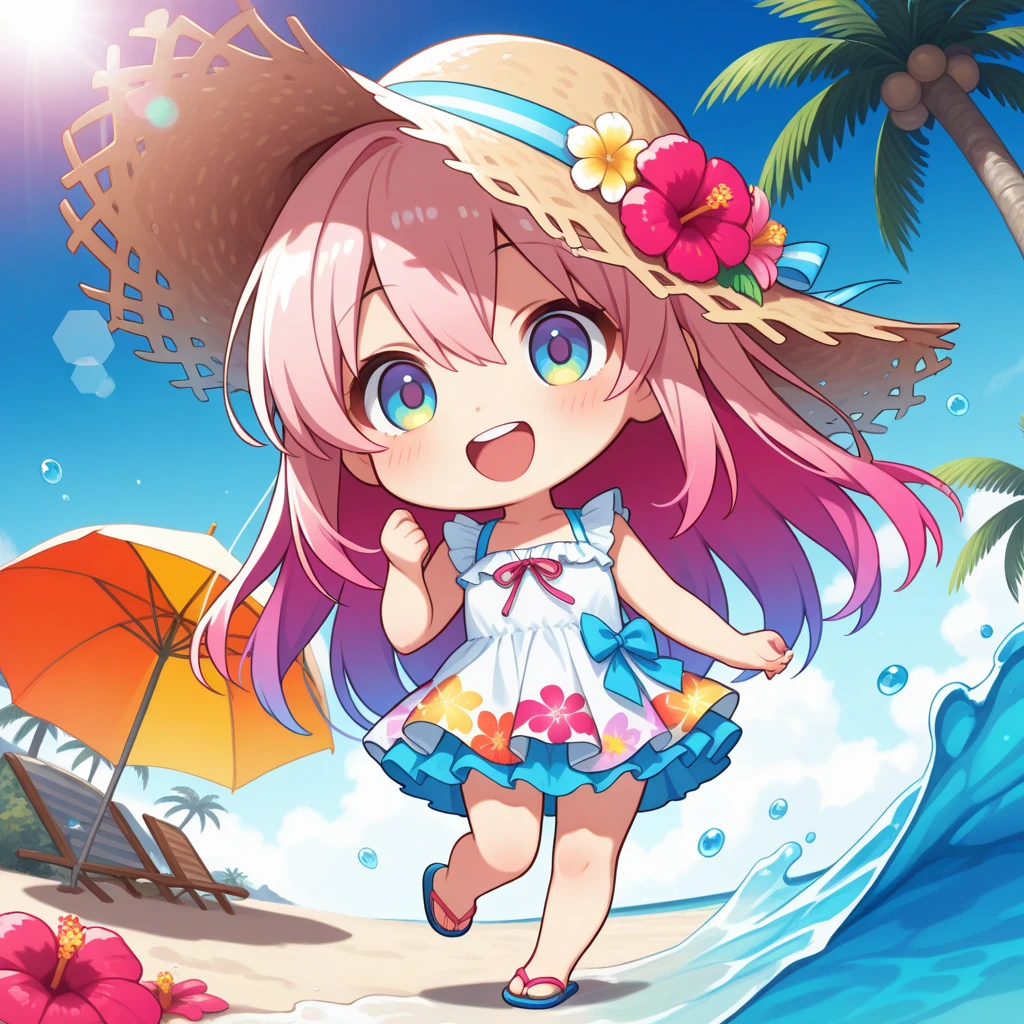<lora:GTChibi-000019:1>, swimsuit, breasts, bikini, 1girl, red eyes, outdoors, long hair, blue jacket, navel, jacket, hand on hip, looking at viewer, shorts, day, black bikini, denim, solo, blue shorts, denim shorts, thighs, bare shoulders, hair ornament, white hair, micro shorts, flower, hair flower, off shoulder, stomach, beach, thigh strap, cutoffs, visor cap, open jacket, cleavage, ribbon, long sleeves, hair ribbon, open clothes, string bikini, short shorts, front-tie top, sky, ocean, open fly, standing, cooler, large breasts, parted lips, cloud, highleg bikini, front-tie bikini top, blue sky, water, highleg, beach umbrella, cowboy shot, wet, hat, umbrella, sunlight, bangs