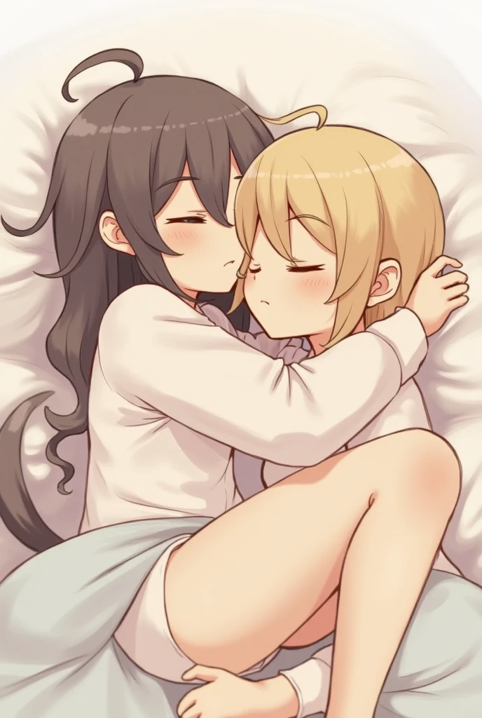 (score_9,score_8_up,score_7_up,score_6_up,score_5_up,score_4_up),an-94_(girls'_frontline),multiple_girls,2girls,closed_eyes,yuri,long_hair,hairband,kiss,blonde_hair,white_shirt,shirt,lying,brown_hair,sleeping,closed_mouth,