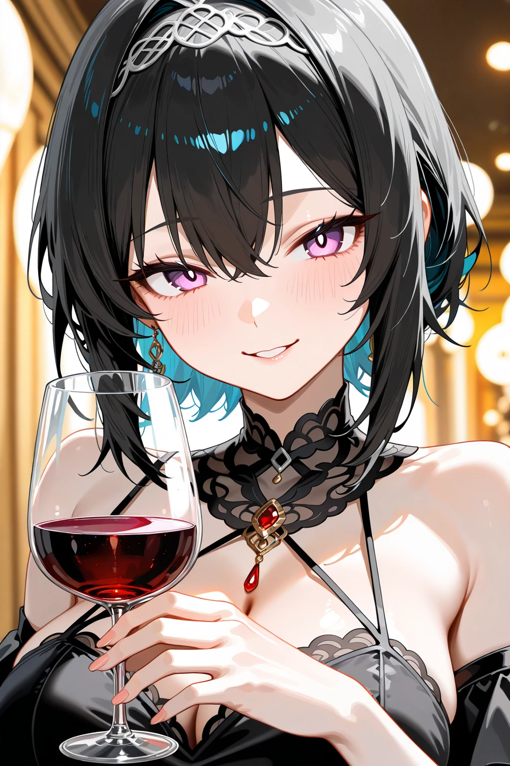 light effect, soft, super clear, high-definition picture, (front), masterpiece, cinematic lighting, Hyuga Hanabi, byakugan eyes, black hair, 1girl, solo, looking at viewer, smile, small breast, open shoulder, black long dress, wine glass holding, gala dinner