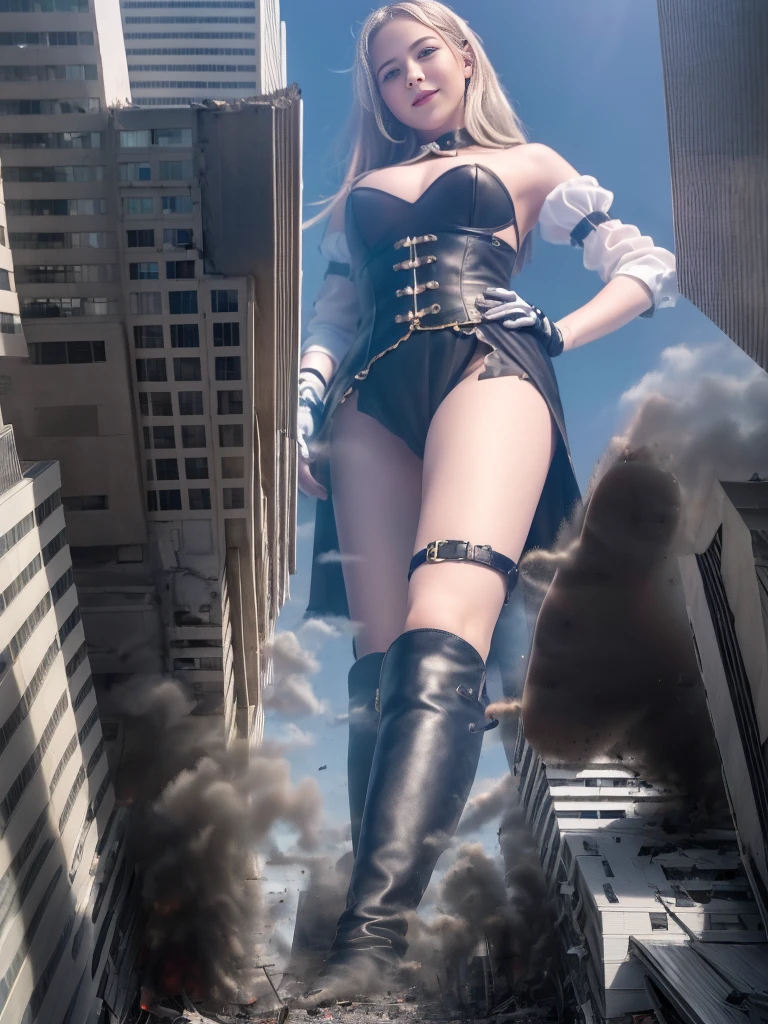 Full body description、Fisheye Lens、looking at the camera、steampunk、Standing on top of a ruined building、Big building explosion、The building collapses、Urban hustle and bustle、Traffic jam、City of Rubble、street tree、Car and bus、truck、taxi、City boulevard、Pedestrian bridge、Streetcar route、((((Azur Lane Cheshire Cosplay))))、Frilled maid outfit、((Super huge breasts))、((Plump thighs))、Ground View,City of Giants,500 foot tall giant girl,skyscraper,Has super long legs,Step into the crowd,There are many people on the street,Knee-high socks、loafers,A happy look,Standing on the ruins,Beautiful appearance,Exquisite makeup,quality,8k,高quality,Perfect Proportions, Cinema Lighting,Film Grain,The Colors of Fuji,8k,Textured skin,Super Detail,High detail,high quality,High resolution,explode,False Smile、Reaching out