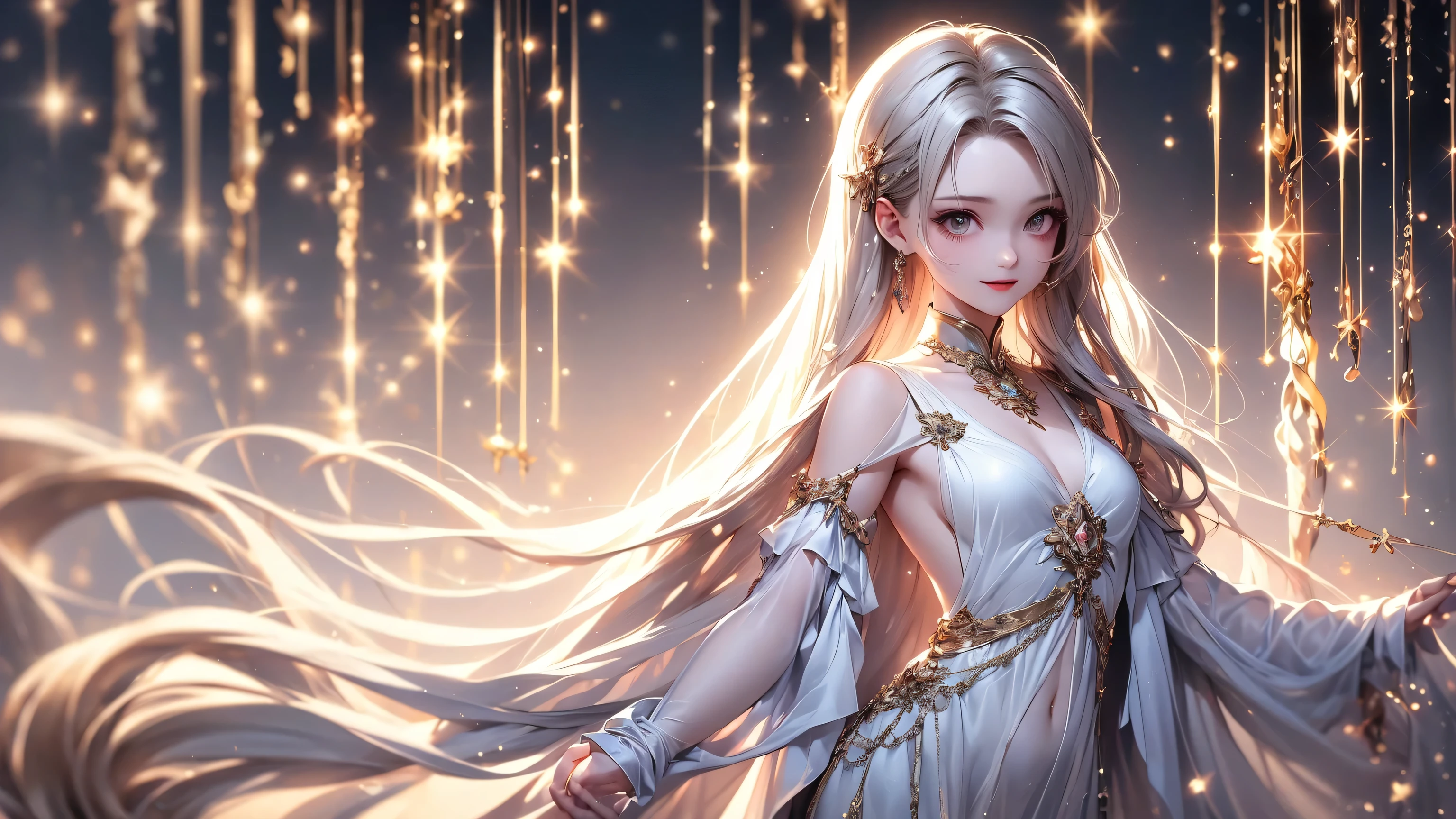 Night view,star,（White Haired Girl:1.5）,（（masterpiece））、（detailed：1.4）（close）、Top view、（Backlight）(A fantastic atmosphere、Ancient capital、Amazing beauty images,One Woman、white dust、Light and dance-like、Suspended particles), (Black Dress、Long dress with sleeves、Exposing shoulders、Off the shoulder)、（Gray hair that changes with light、length, Lustrous white hair、WHITE hair fluttering in the wind、Beautiful Bangs:1.3）、（Beautiful white and shining skin、Cheek gloss highlighter、Sexy and very beautiful and adorable face、The most beautiful face in the world、big, Sparkling blue eyes）、（Cute 25 year old girl、small beautiful breasts、Great cleavage and a tiny waist、Delicate shoulders、Perfect figure）Close-up image
