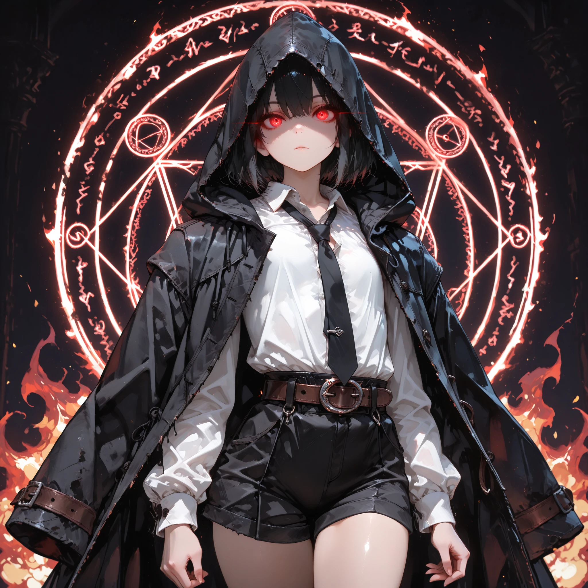 ((best quality)), ((masterpieces)), (detailed), perfect face, SOLO, ((((femboy)))), tomgirl, ANIME, beautiful detailed eyes, BOB hair, BOBed hair, BLACK hair, RED EYES, expressionless, hooded, Magical Eyes, dark background, ((BLACK HOODED coat draped over shoulders)), ((flat chest)), magic circle, Fire magic, ((HOODED coat )), ((hooded head)), Belt with buckle, dress shirt, short black shorts, bare thighs, ((Flat chest)), bailing_magic_circle, black tie, glowing eyes