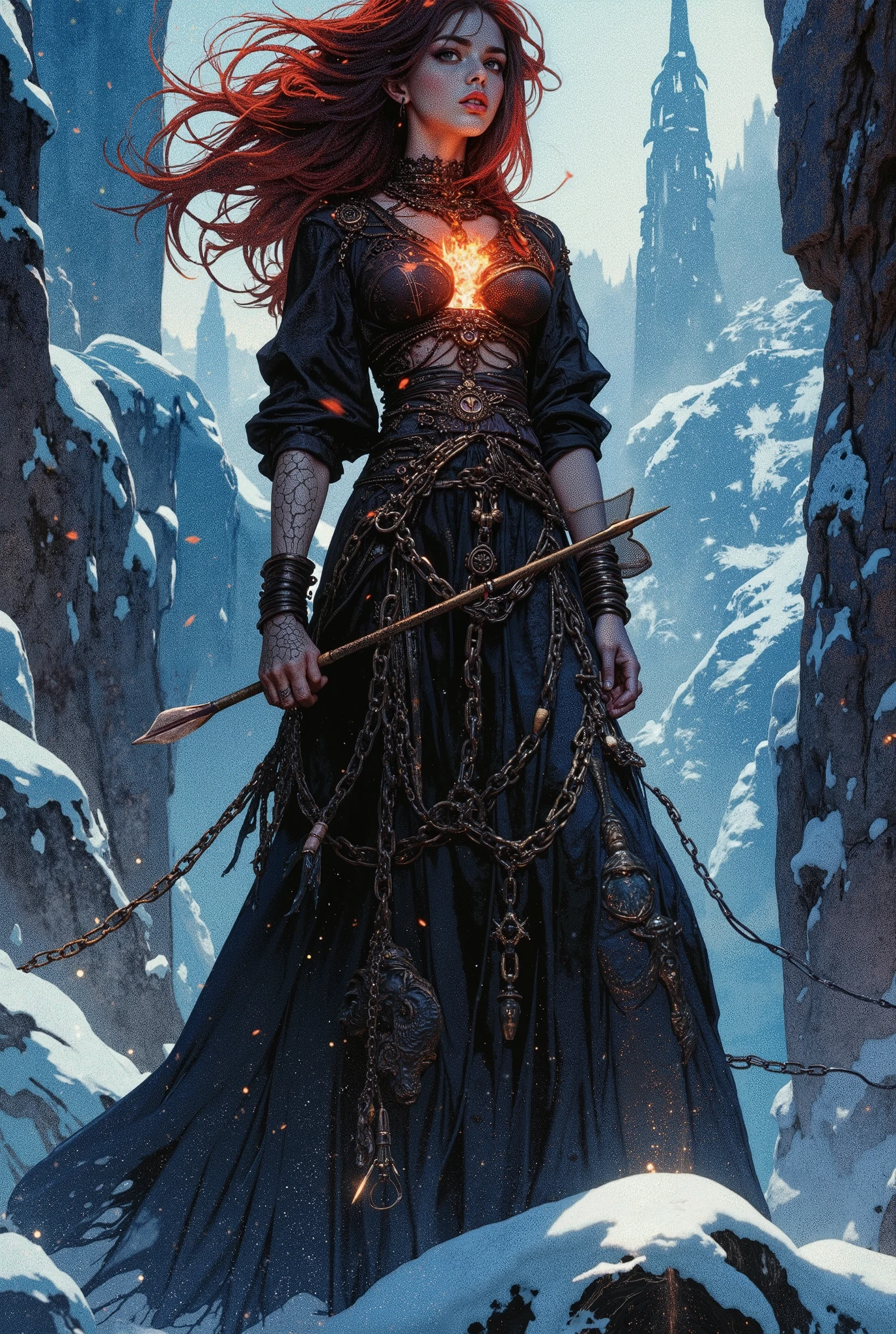 fictionalcasca, create an epic scene in the style of dark fantasy-Gothic surrealism: Young rebel Pandora, chained in crystal chains (crystal captivity), stands on the edge of an icy cliff (half a kingdom of ice). Flames pierce her chest (fire in my chest), illuminating the poisoned arrows (poisoned arrows with poison) clutched in her hand. A maze of black ice looms behind her (our maze), where animals with diamond skins slumber (diamond dogs sleep), and under her feet dragons merge with the shadows of dust and decay. Her gaze, the gaze of a naiad filled with rage and the poison of hope, is fixed on the silver bullets hanging in the air, symbols of the doomed enchantments (which could not break the enchantment). Above her: the torn sky, revealing a sad dream about the constellations crumbling to dust (one day they will turn to dust). Dynamic: Her hair merges with the blizzard, an arrow is ready to release her rebellious spirit from the shackles of sleep. In the distance, the silhouette of her fiance disintegrates into silver bullets and ice fragments (no news). Style: a dark fairy tale with contrasts of glacial blue and hellish crimson flames, super-detailed textures of cracked skin, crystalline reflections and patterns in the form of dragon scales. Resolution: 16 KB, focus on the emotions in her eyes — everything is unchanged, but with a desire to start all over again.