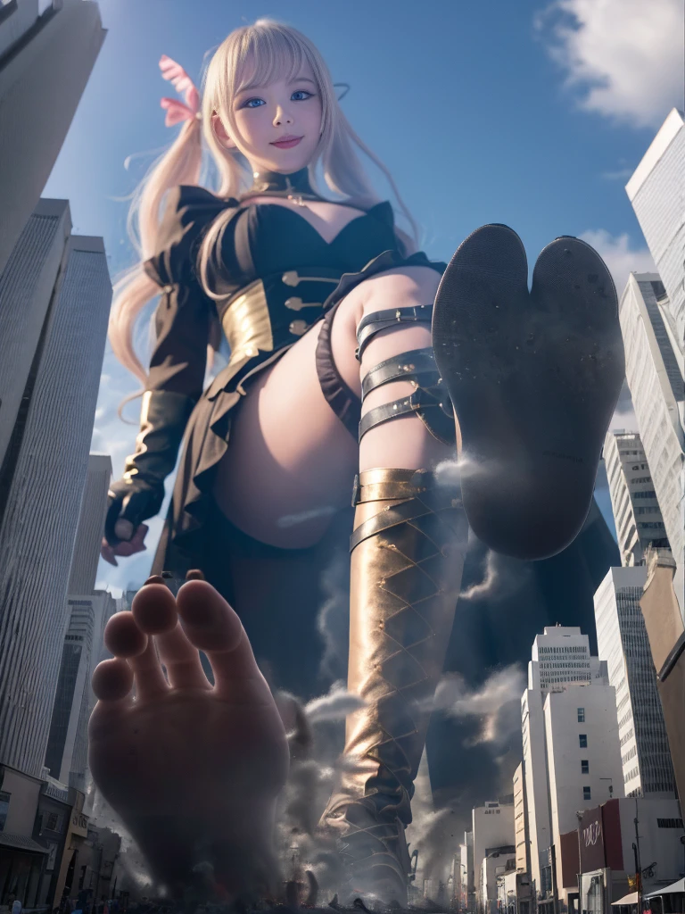 Works of masters,Best image quality,Higher quality,high detal,超高分辨率,1girll,Exquisite facial features,s the perfect face,Glowing skin,The towering giantess wears a tight blouse,shorter pants,Boots on his feet,Knee-length boots,allure:Tall and tall,The blonde,Tall,haughty、Cold,big assa,Plump body,(Thick thighs:1.4),full bodyesbian,The ground is trampled,People fled,She seems to wander carelessly through the bustling cityscape of GTS City,Towering buildings loom overhead。Smoke and clouds raged around her,The lights are dark,Gloomy,Photorealsitic,Creates a tense and ominous atmosphere。The viewing angle is from below,The sheer majesty and power of the giantess is emphasized。