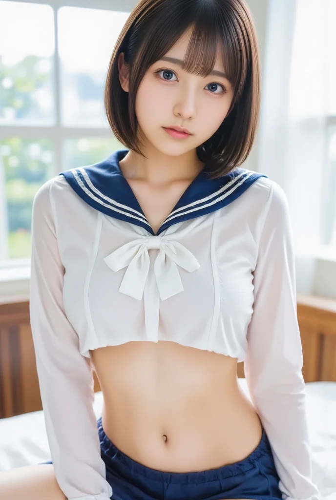 (One Girl), Very cute face, Great face and eyes, (Highly detailed eyes, Highly detailed face), Fresh, Very beautiful appearance, (Ultra-realistic, High resolution), (highest quality:1.4), RAW Photos, (Realistic, Realistic:1.37), Professional photography , (Wet and see-through sailor uniform:1.1) , Smile a little, (look at me) , Portrait of a Girl , (gigantic breasts:1.3) , (((15 years old))) , (short hair:0.9) , (wavy hair:1.3) , (Nipples visible through sailor uniform:1.3) , (Pussy juice:1.3) , (Please tilt your head a little) , Perfect nipples , ((Nipples are light pink )) , ((light pink areola)) , (Put your arms behind your head:1.3) , (The man is licking her nipples:1.4) , (sweating cleavage:1.2) , (sperm on her breasts ) , (small nipples) , ( one hairpin )