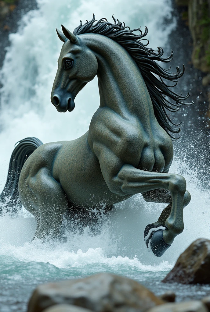 A colorful portrait of two galloping horses formed by flowing liquid steel, with intricate details and a textured surface. The horse is made entirely of cast steel., giving it a fascinating and fantastic appearance. The artwork is of the highest quality., with a resolution of 16k, ensuring every fine detail is captured with stunning clarity. The colors used are vibrant and rich., creating a dynamic and striking composition. The lighting is dramatic., Project shadows and lights that accentuate the contours and movement of the horse.. The overall tone of the artwork is bold and energetic., Capturing the power and grace of the galloping horse..one of the horses is ridden by a 13-year-old American girl formed of flowing liquid steel, with intricate details and a textured surface. The girl is made entirely of cast steel., giving it a fascinating and fantastic appearance